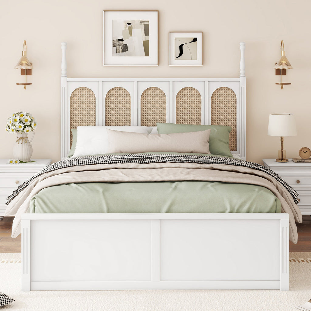 Queen Size Rattan Platform Bed With with 2 Big Drawers, T Size Trundle, White