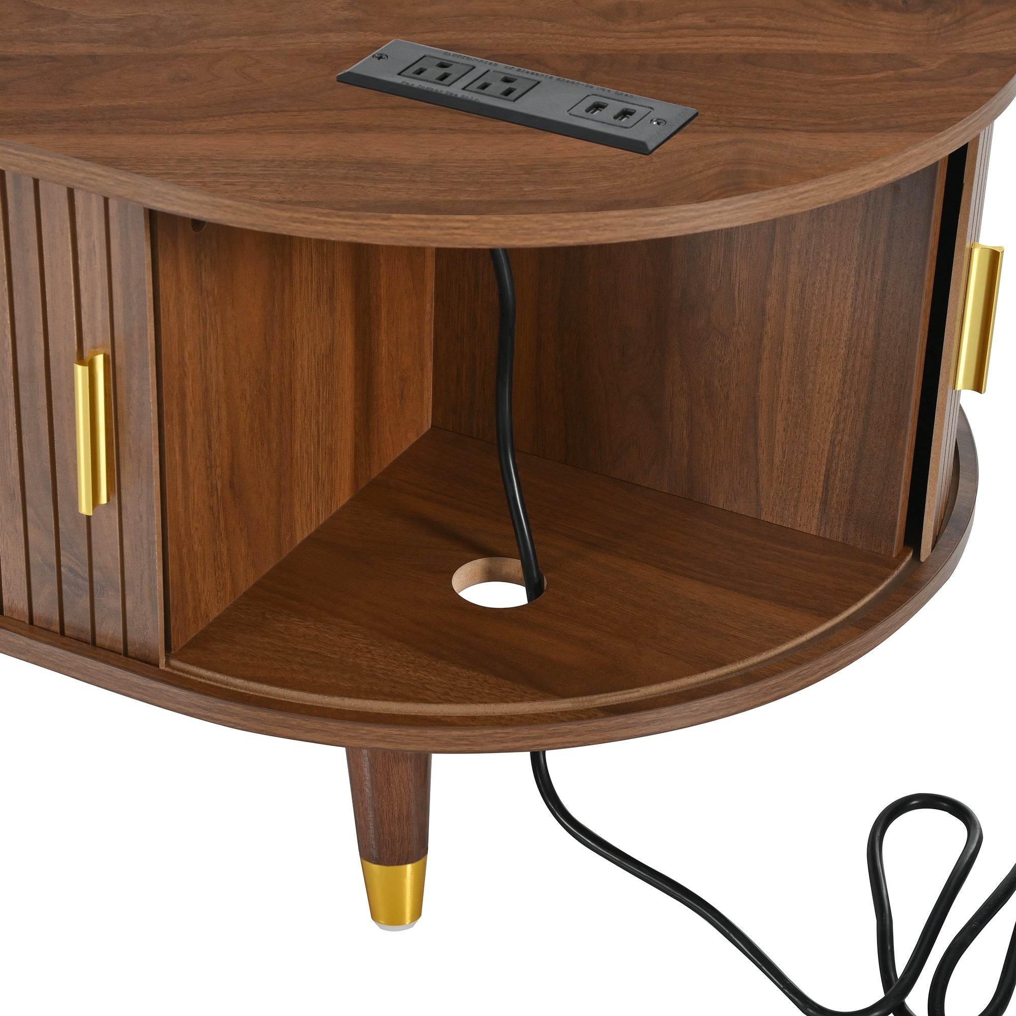 Wooden Farmhouse TV Stand & Coffee Table Set with Charging Station, Oval Fluted Media Console with Sliding Doors for TVs up to 80', Mid-Century Center Table with Solid Wood Legs for Living Room,Walnut