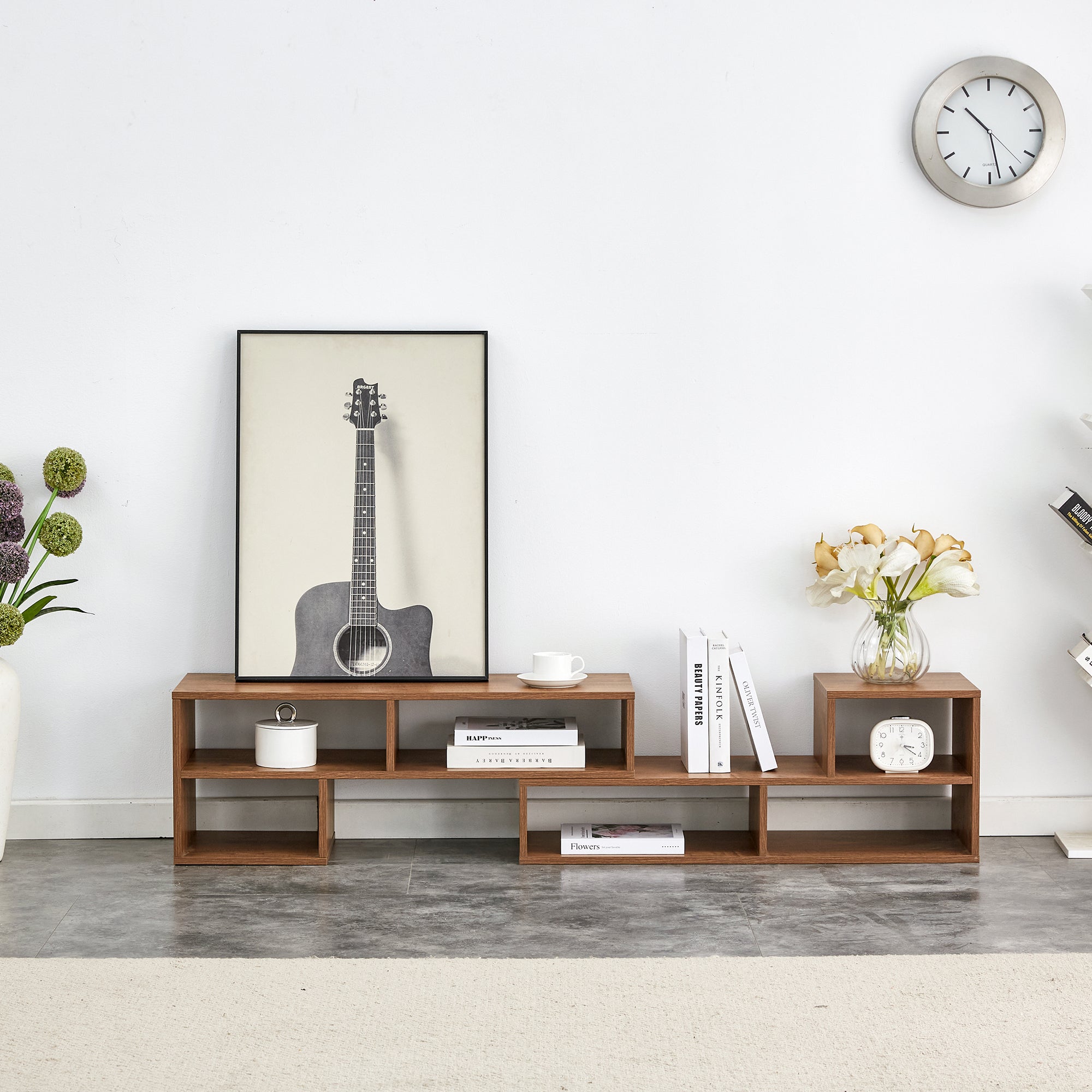 Modern 2-Piece Cube TV Stand with Open Storage, L-Shaped Design, Walnut MDF, 47.2' x 12' x 13.4'