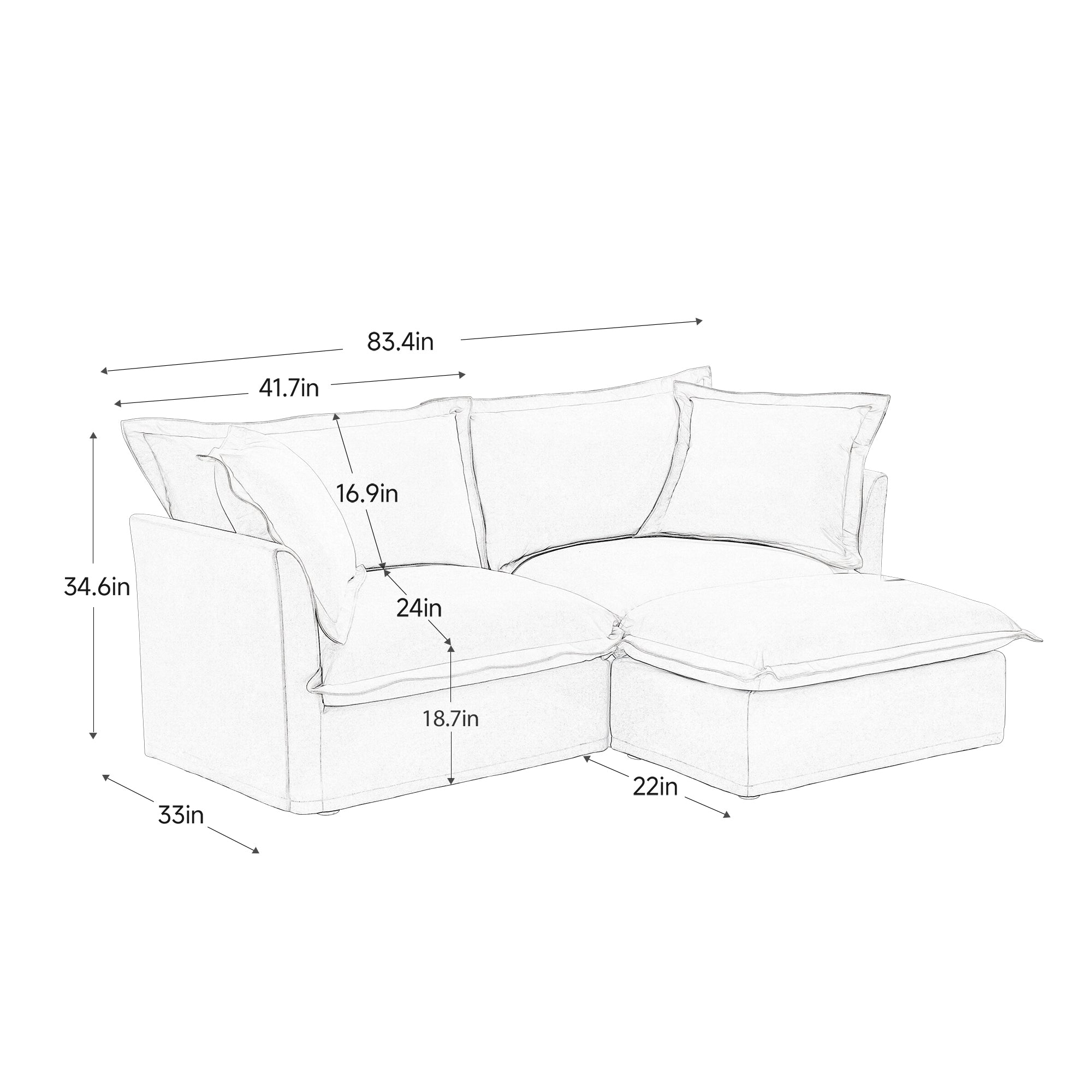 Slipcovered Sectional 2 Seater Sofa Couch with Convertible Ottoman, Wide and Deep Seat L Shaped Sofa with Detachable Cover and Soft Multiple Big Pillows, Chenille Fabric, Orange