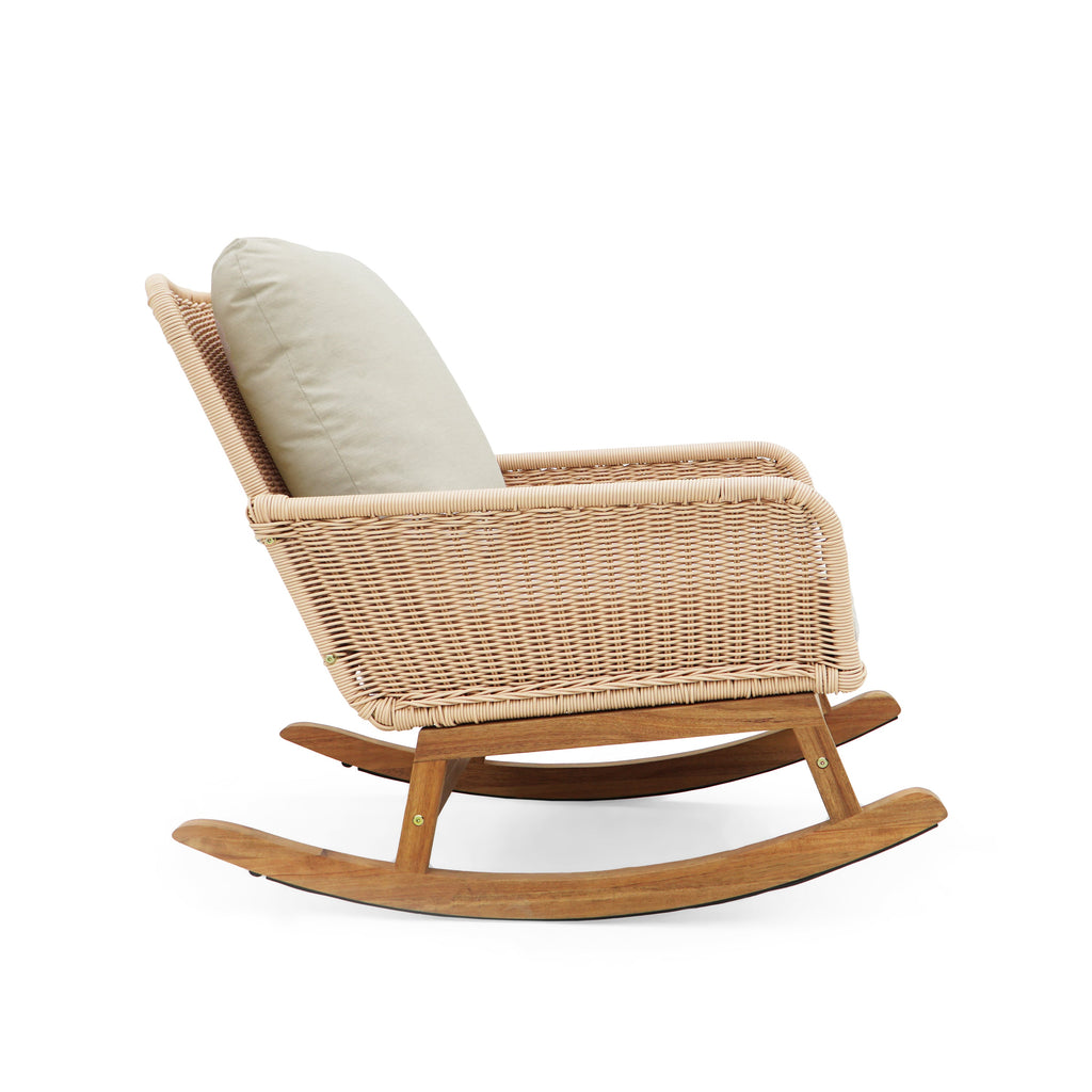 Modern 3-Piece Outdoor Seating Set with Beige Cushioned PE Rattan Rocking Chairs and Wooden Accent Table, Perfect for Patio or Balcony Relaxation