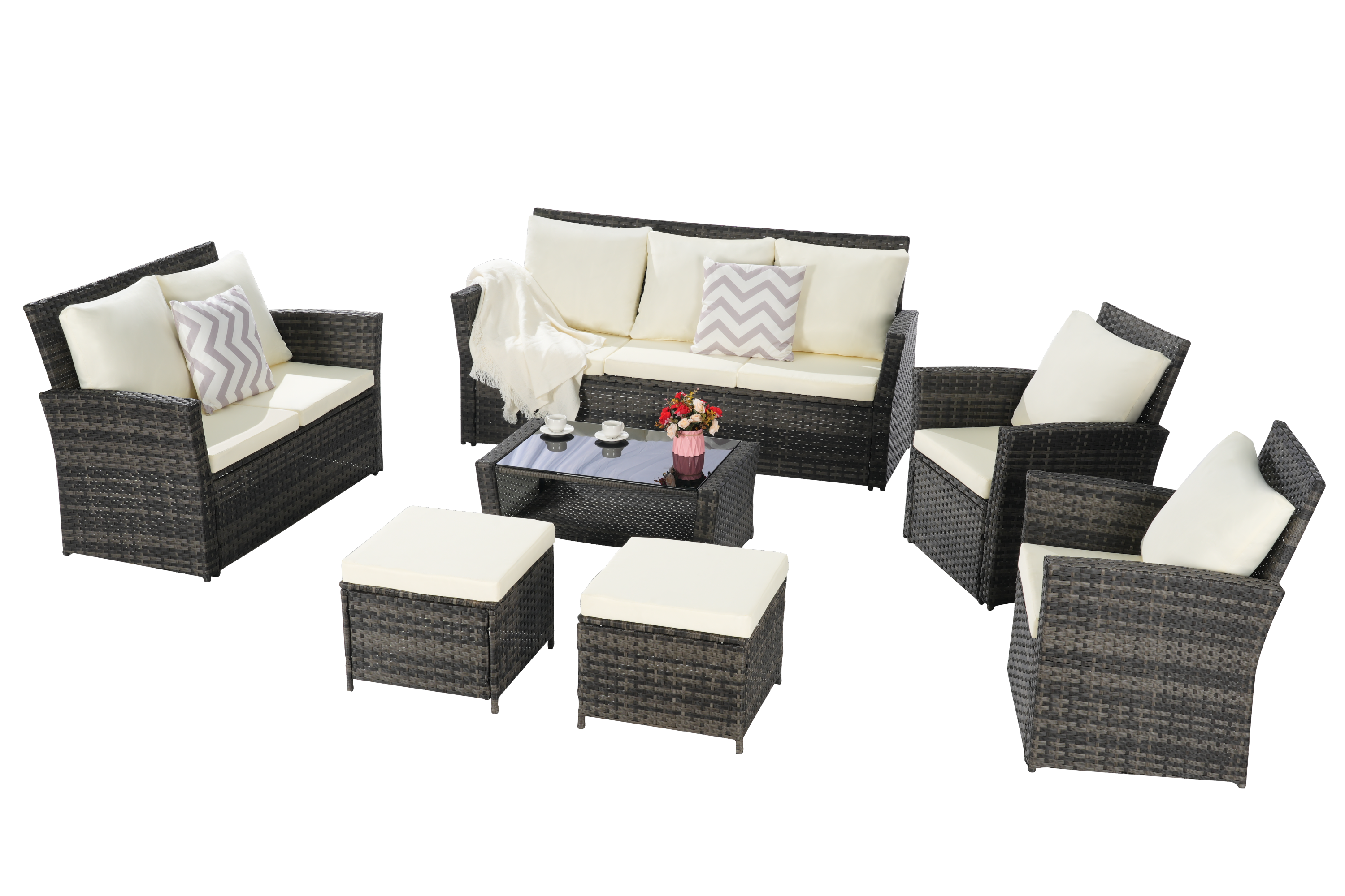 7 PCS PE/RATTAN OUTDOOR FURNITURE SET PATIO FURNITURE SET 9 SEATER
