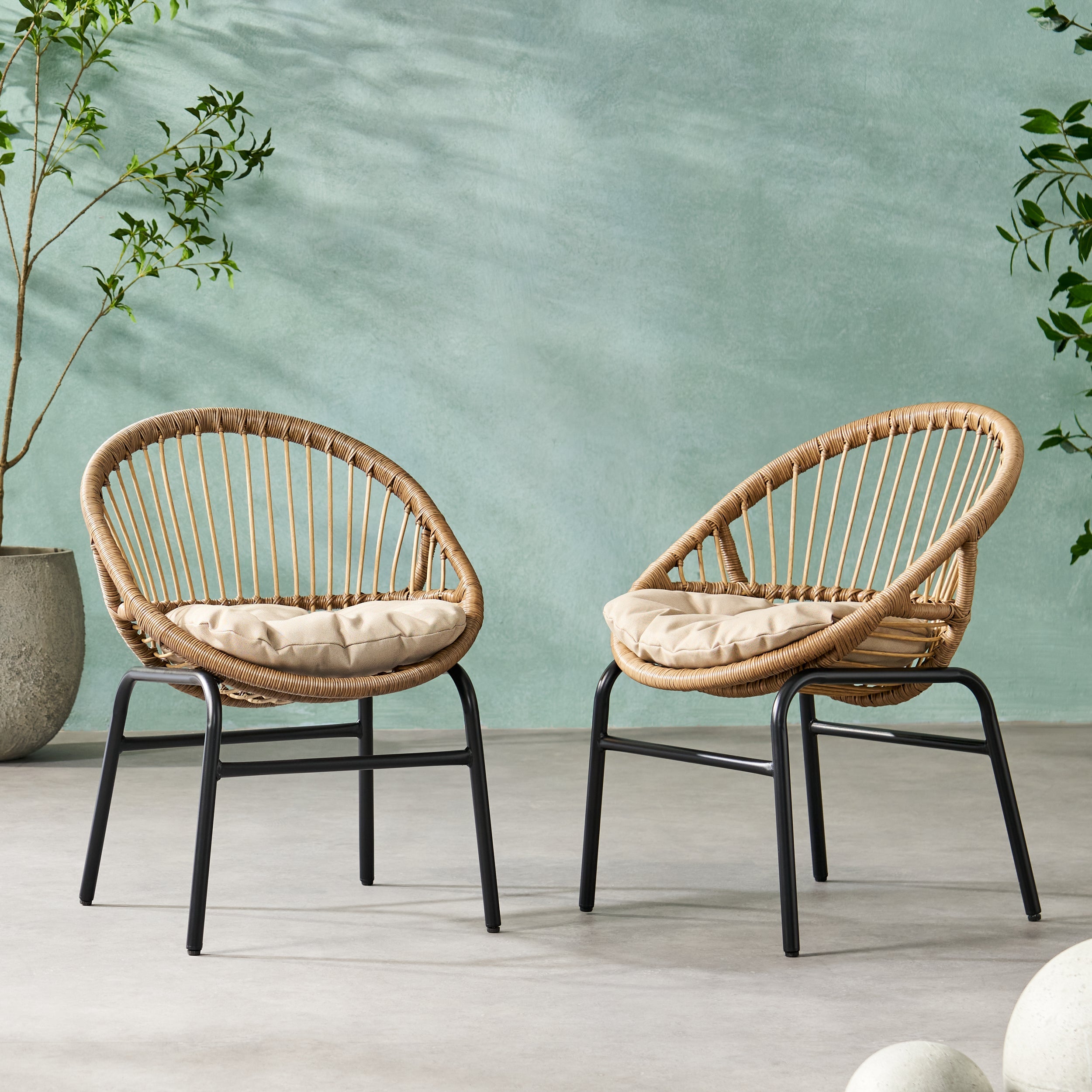 Outdoor Accent Chair with Curved Back and Basket Frame, Set of 2, Light Brown and Beige
