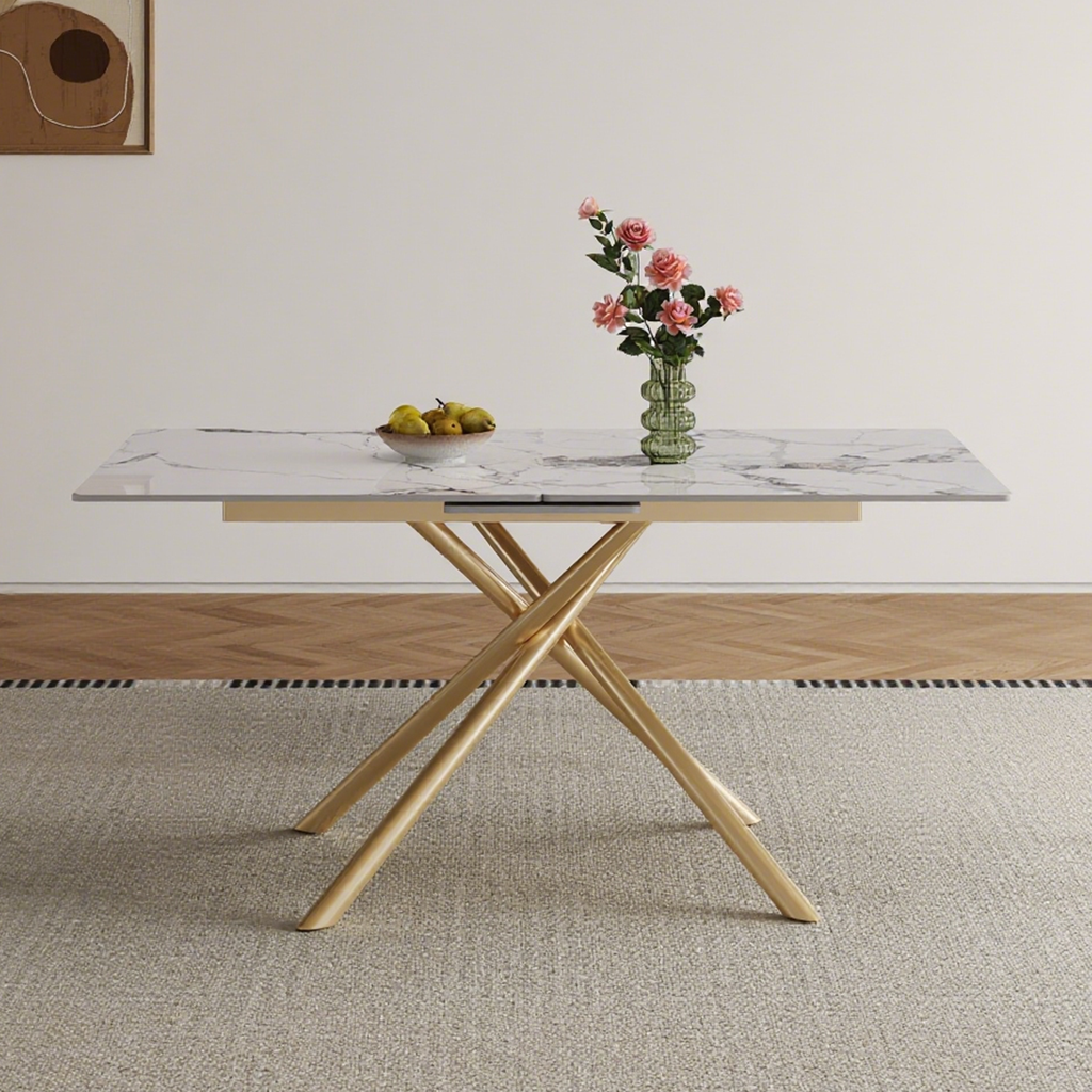 59-inch Modern rectangle Expandable Dining Table with Retractable Leaf, Sintered Stone Top & Golden Carbon Steel X-Base, Sturdy 4-6 Person Table for Small Apartments, Kitchen, Dining Room