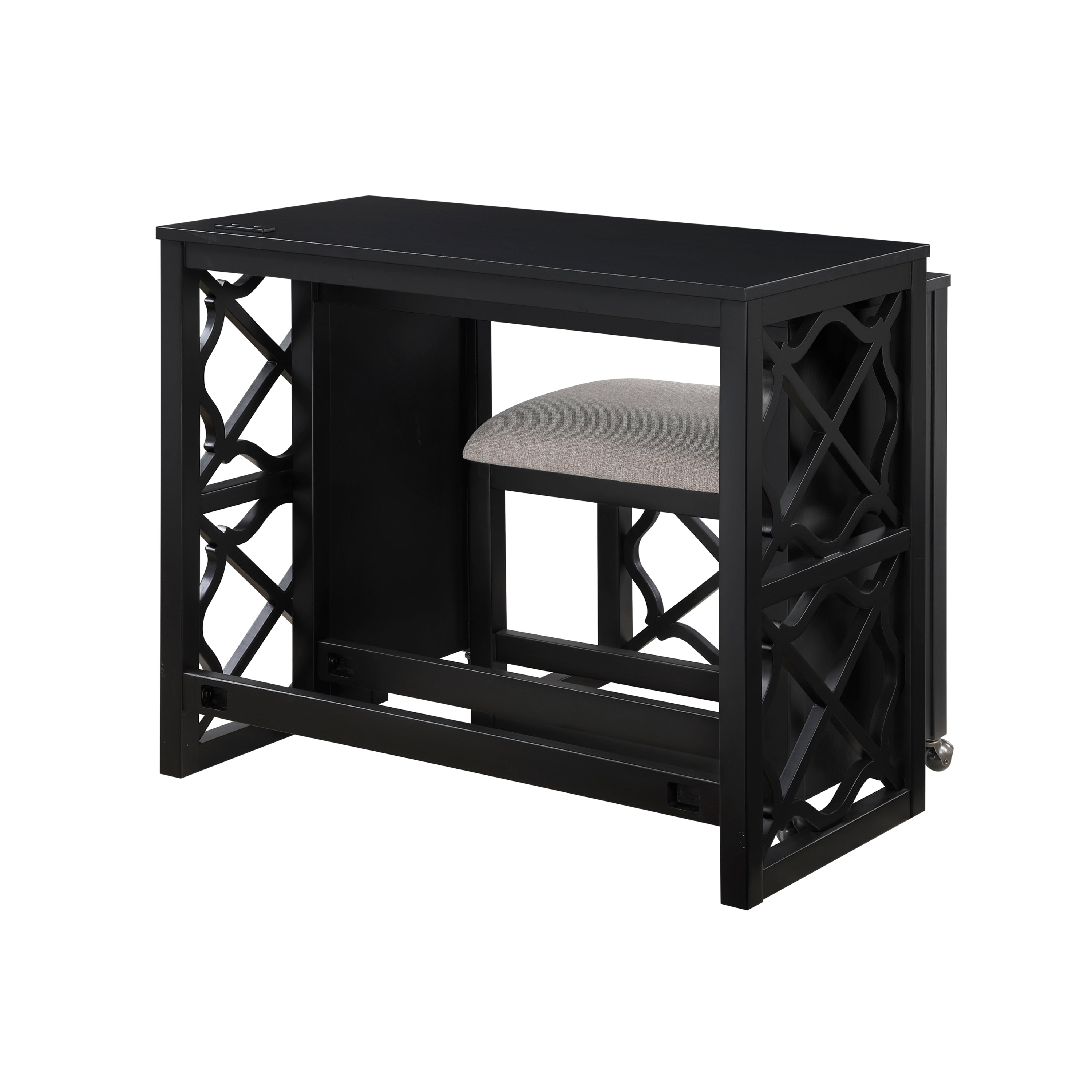 Desks and Stool Set 3pc Black Finish Rolling Desk with Casters, 2 Charging ports Home Office Furniture
