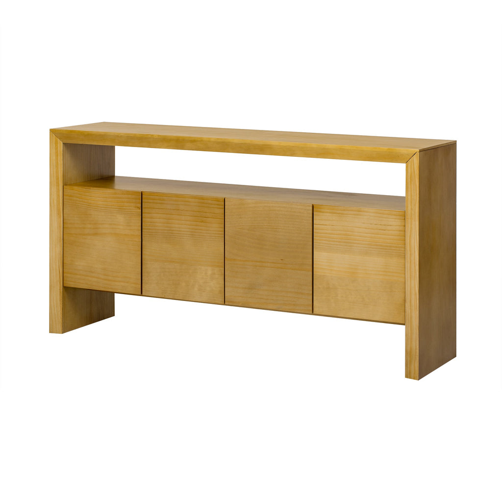 U_Style 60' 4-Door Sideboard, Modern Minimalist Solid Wood Veneer Sideboard with Open Shelf, Natural Wood Grain, Large Capacity Storage Console for Living Room, Hallway, Dining (Black/Natural)