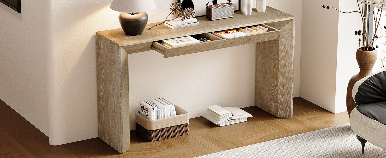 TREXM 60' Modern Farmhouse Console Table with 2 Concealed Drawers, Waterfall Design Entryway Table with Thickened Legs & Rustic Wood Grain for Living Room, Entryway & Hallway (Natural)