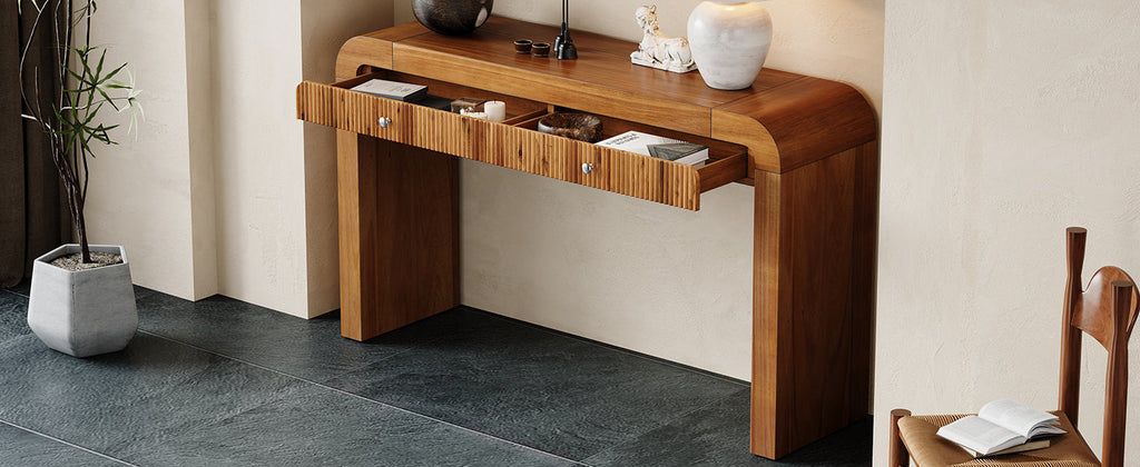 TREXM Rustic Console Table with Fluted Drawer Front, Entryway Table with Curved Corners & Thick Legs, Sturdy Sofa Table for Hallway & Living Room (Brown)