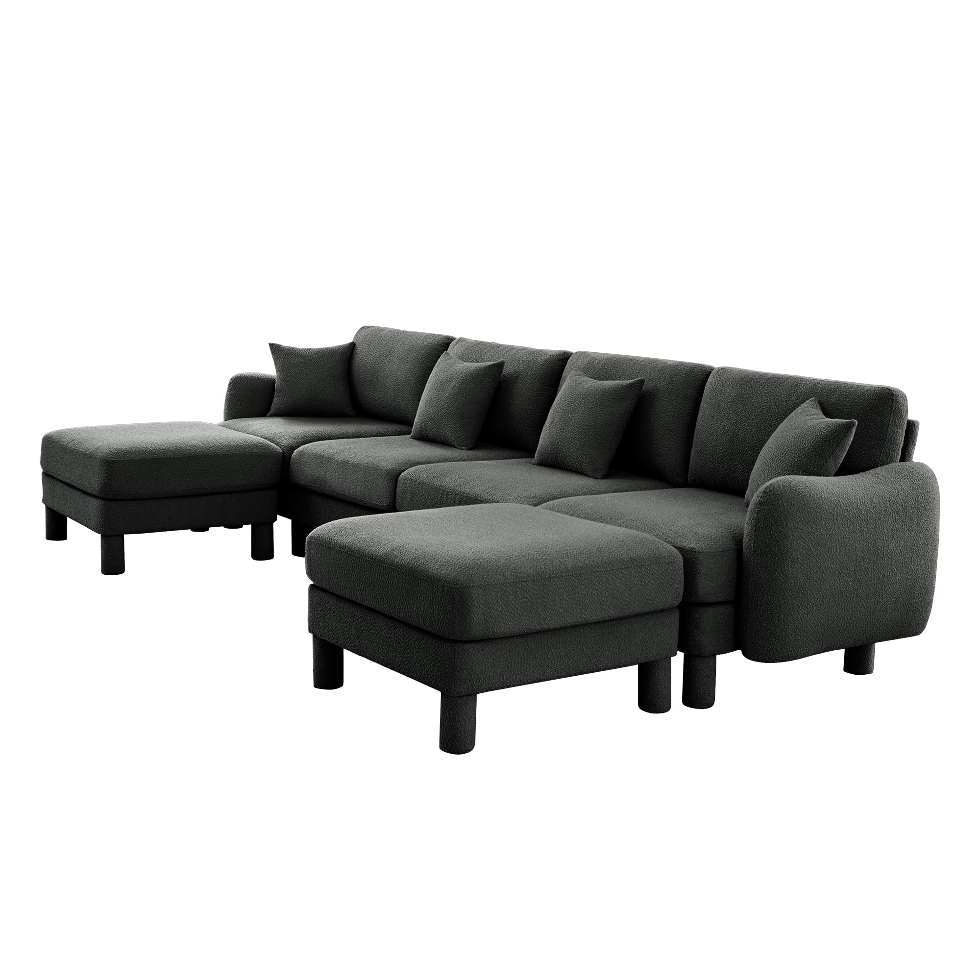 Boucle Fabric U Shape Sectional 4-seater Sofa Couch With Distinctive Shell-shaped Armrests And 2 Movable Ottomans,Cylindrical Legs Wrapped with Self-fabric,Dark Grey  Color