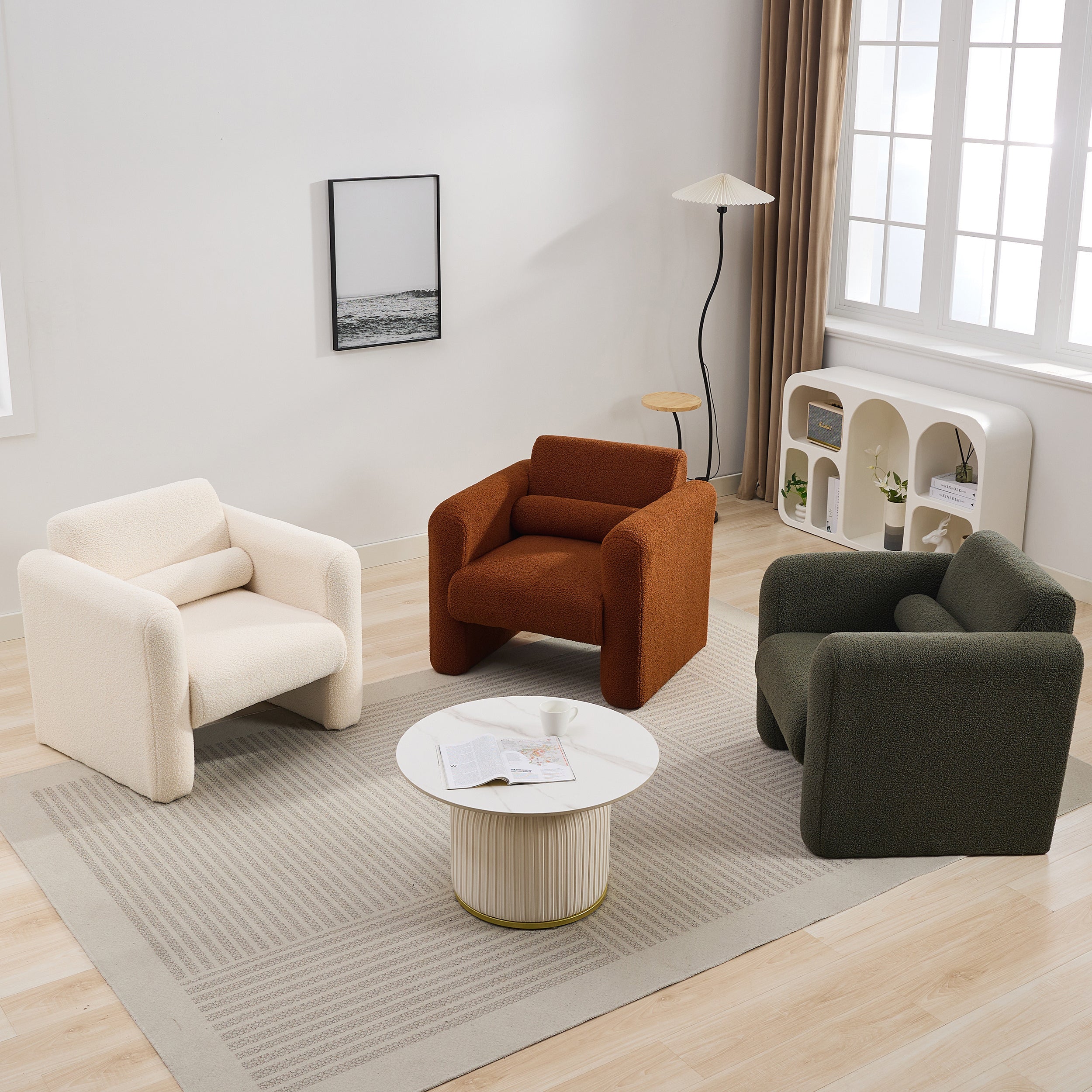 Modern Accent Chair Lambskin Sherpa Fabric Upholstered Comfy Reading Arm Chair Soft Padded Armchair with Back and Pillow for Living Room Bedroom Reception Waiting Room Office,Burnt Orange