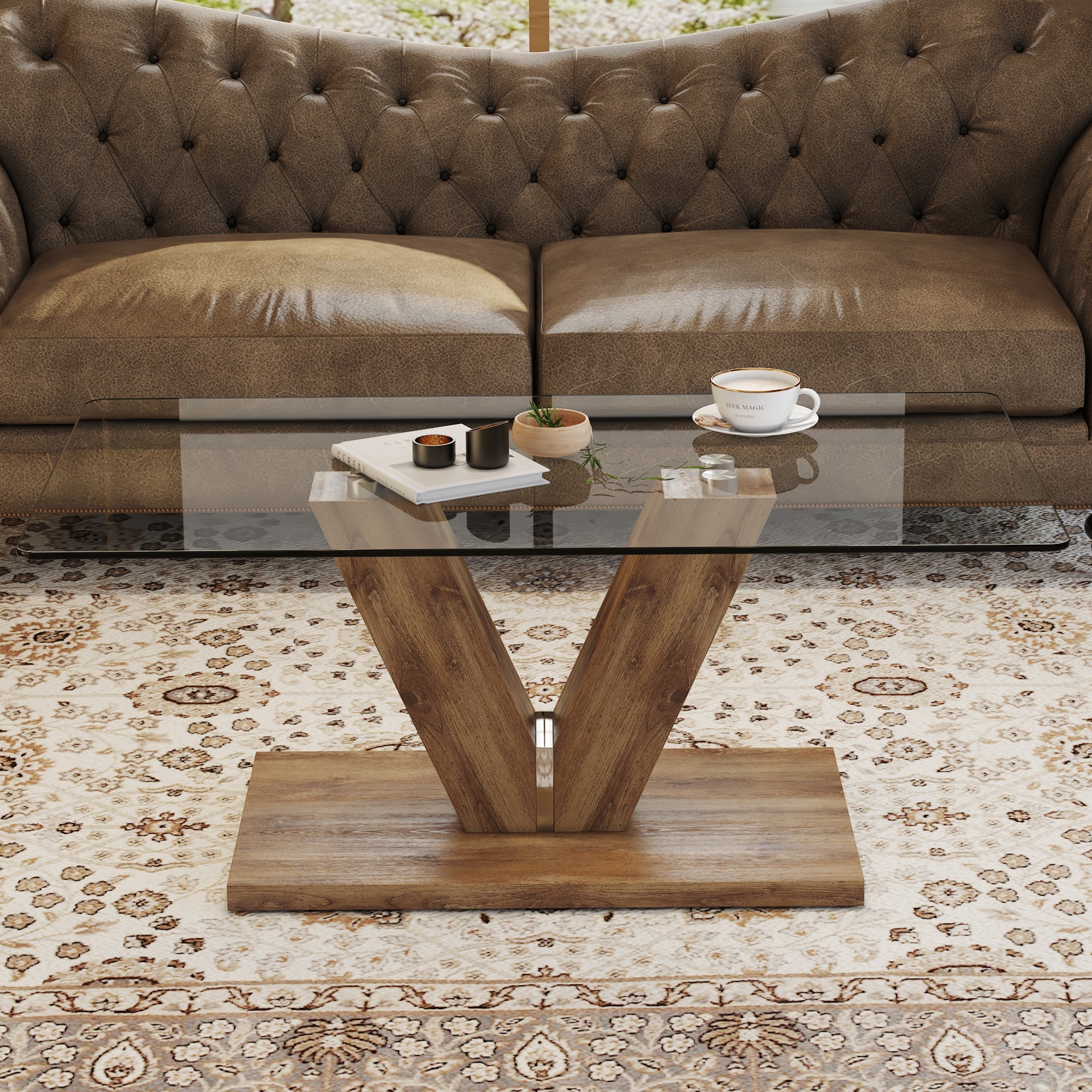 A modern minimalist style coffee table. Transparent tempered glass tabletop with wooden MDF columns. Suitable for living room and dining room.  CT-V