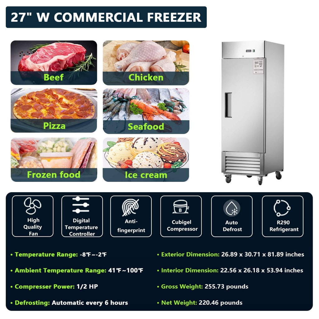 27-Inch 8.7 Cu.Ft Commercial Upright Stainless Steel Reach-In Freezer (SAK43815)