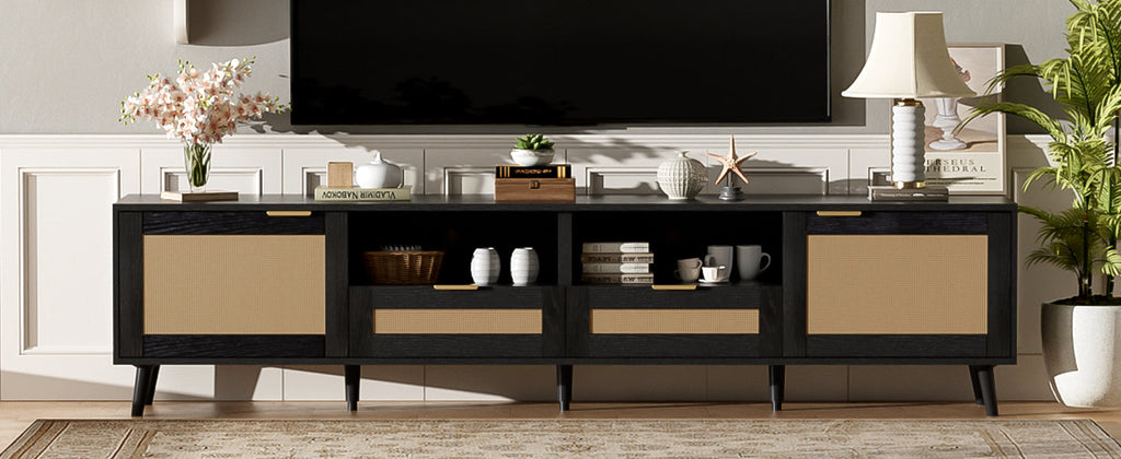 Rattan TV Stand for TVs up to 85'', Modern Farmhouse Media Console, Entertainment Center with Solid Wood Legs, TV Cabinet for Living Room,Home Theatre