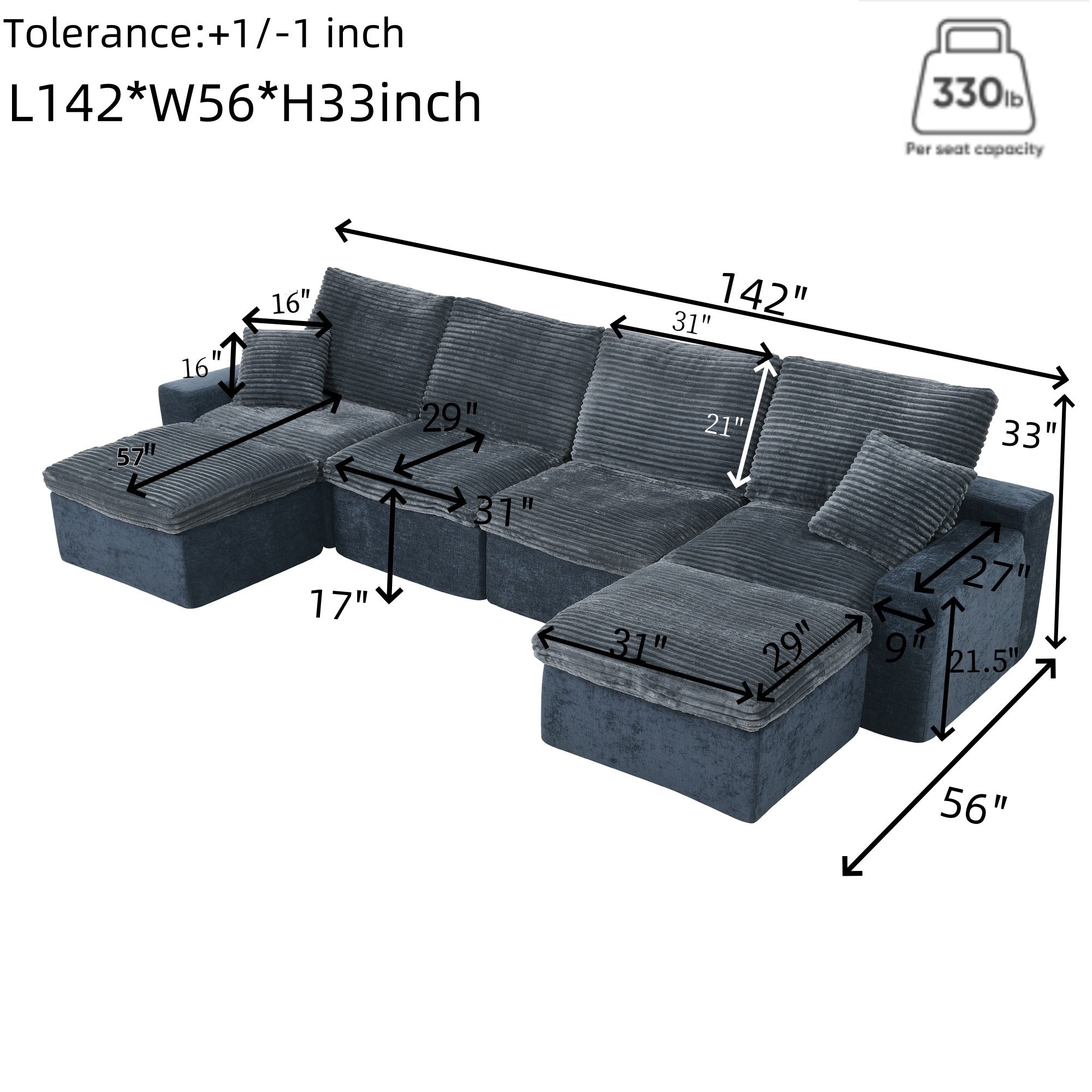 142' Cloud Sectional Couch with Comfy Chaise,U Shaped Modern Modular Sofa with Deep Seat,No Assembly Required Couch for Living Room Lounge,Blue