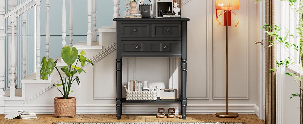 TREXM Narrow Console Table, Slim Sofa Table with Three Storage Drawers and Bottom Shelf (Black)