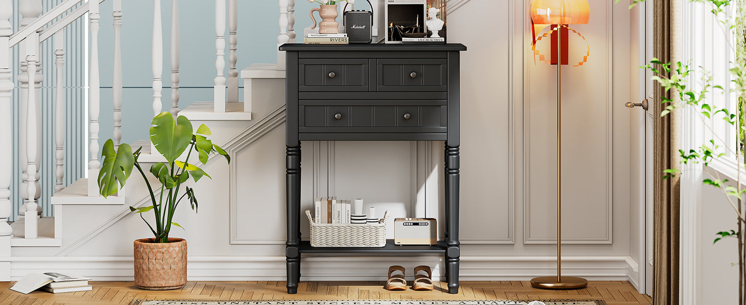 TREXM Narrow Console Table, Slim Sofa Table with Three Storage Drawers and Bottom Shelf (Black)