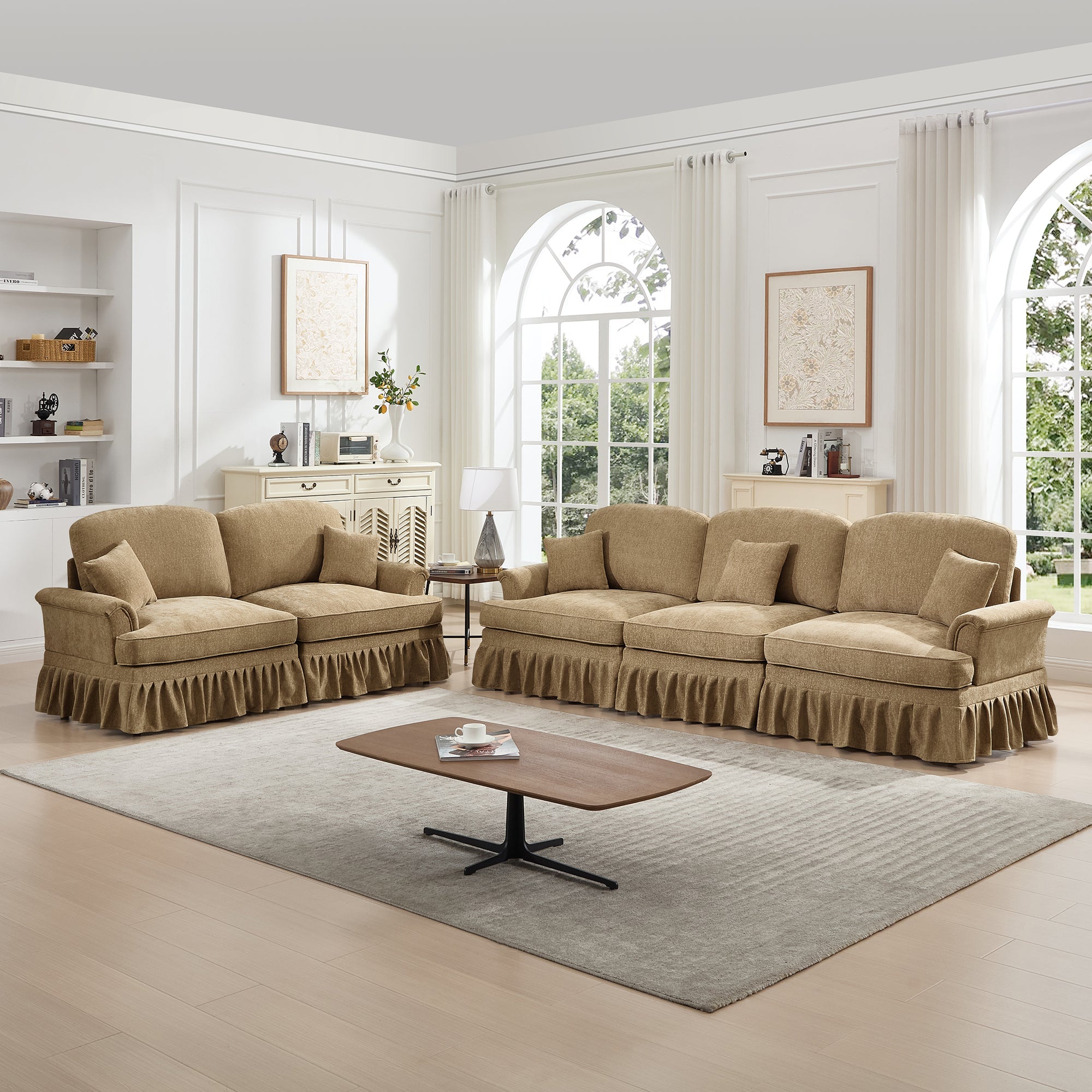 Classic 2 Piece Modular Couch Living Room Sofa Set with Flared Arms and Removable Ruffles Pleats Skirts and Spindle Legs, 3 Seater Sofa + 2-Seat Loveseat Sofa Sets for Living Room, Light Coffee