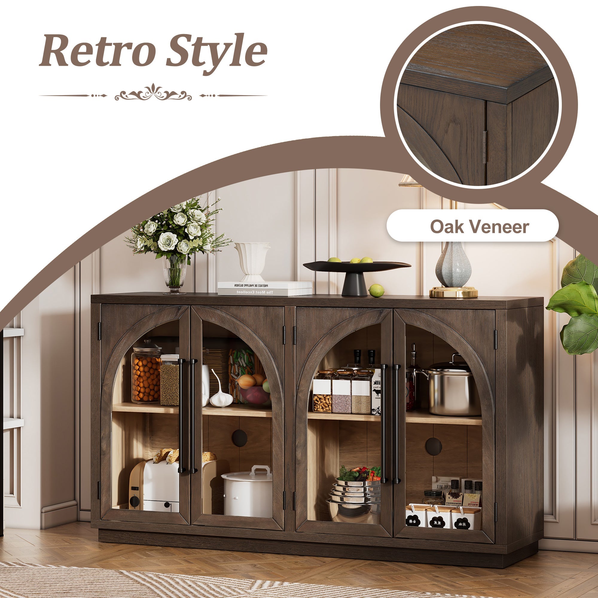 TREXM 4-Door Large Storage Sideboard Buffet Cabinet with Glass Doors, Arched Cabinet with Adjustable Shelves for Kitchen, Dining Room and Living Room (Espresso)