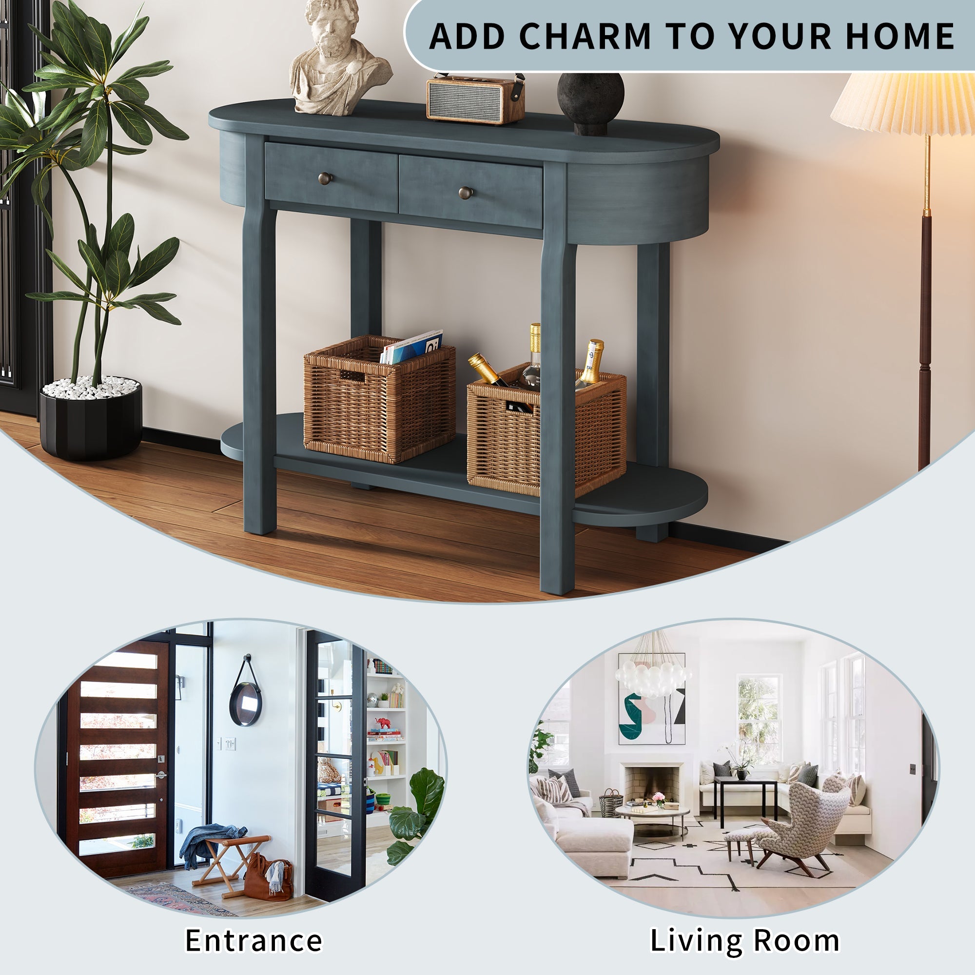 TREXM Elegant Retro Console Table with Curved Design and Smooth Glaze for Entryways, Living Rooms and hallways (Navy)