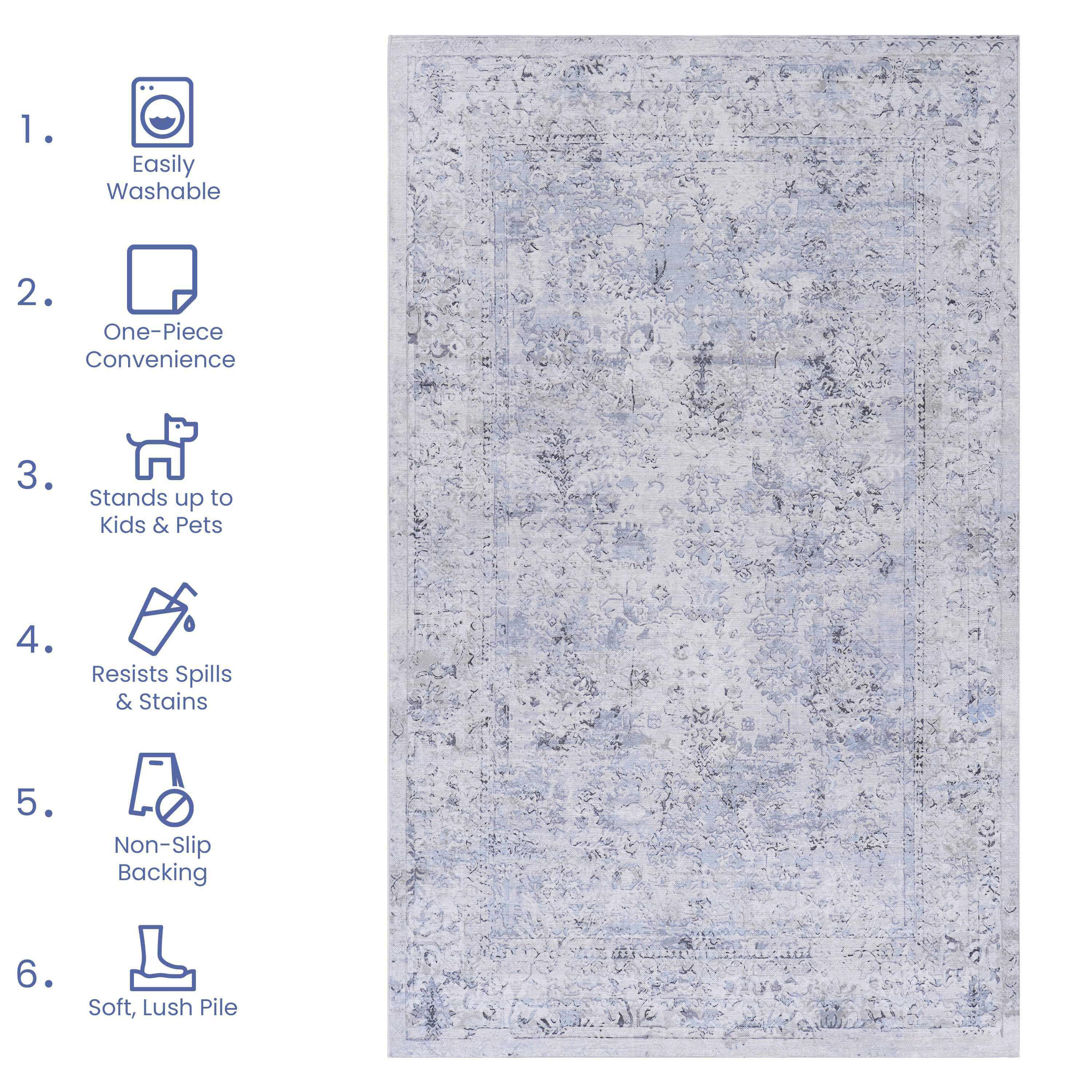 Area Rug 3x5, Washable Rug, Low-Pile, Non-Slip, Non-Shedding, Foldable, Kid & Pet Friendly - Area Rugs for living room, bedroom, kitchen, dining room rug - Perfect Gifts, (Blue+Cream, 3' x 5')