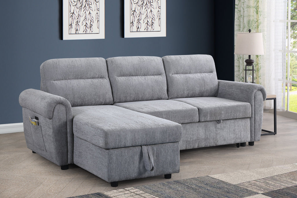 Hugo 97'W Light Gray Chenille Reversible Sleeper Sectional Sofa Chaise with USB Chargers, Phone/Magazine Pockets