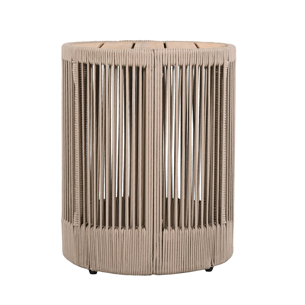 Outdoor Rattan rope & Acacia Wood Side Table - Patio Balcony Furniture for Garden, Yard, Balcony - Weather Resistant(Rope Beige, Natural Iron)
