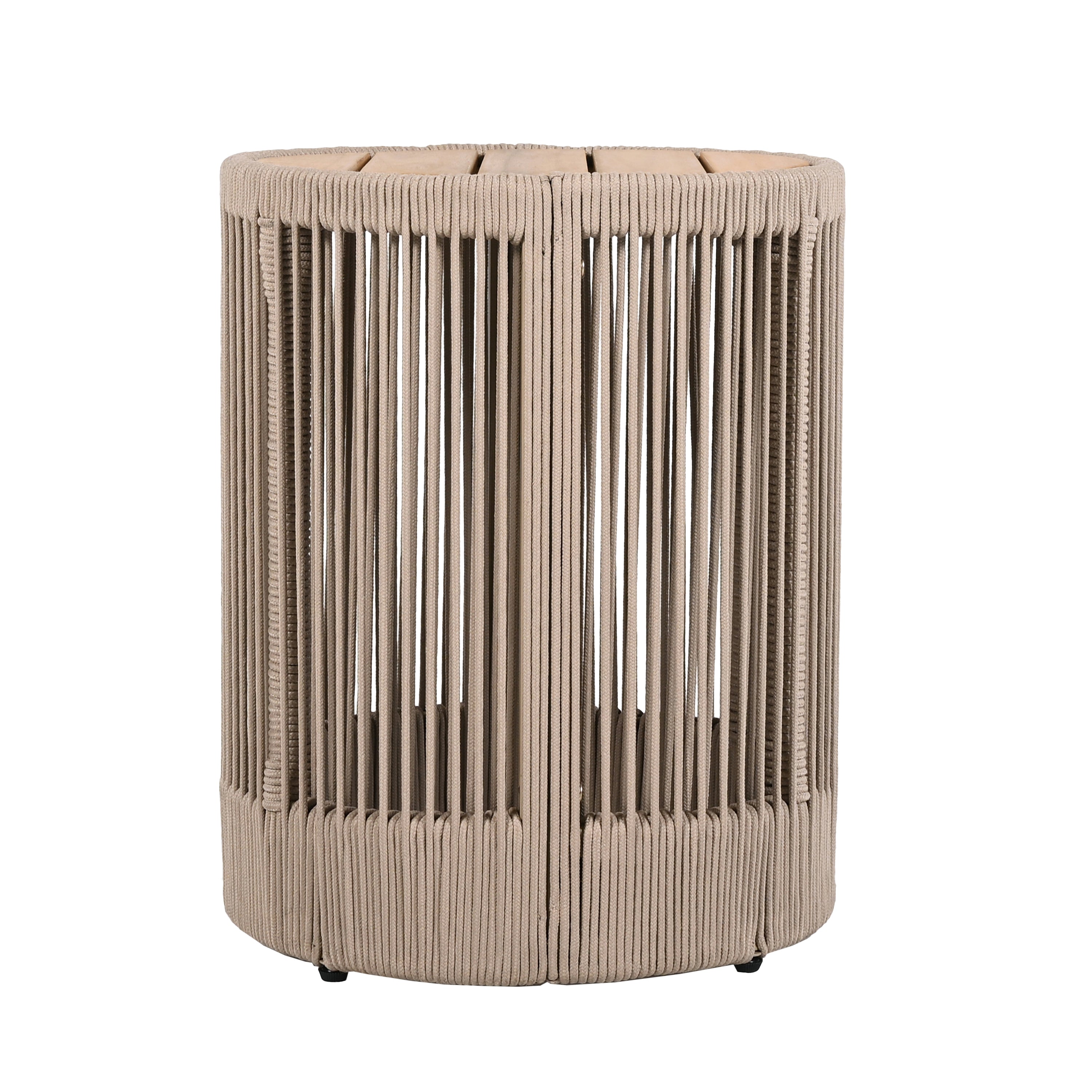 Outdoor Rattan rope & Acacia Wood Side Table - Patio Balcony Furniture for Garden, Yard, Balcony - Weather Resistant(Rope Beige, Natural Iron)