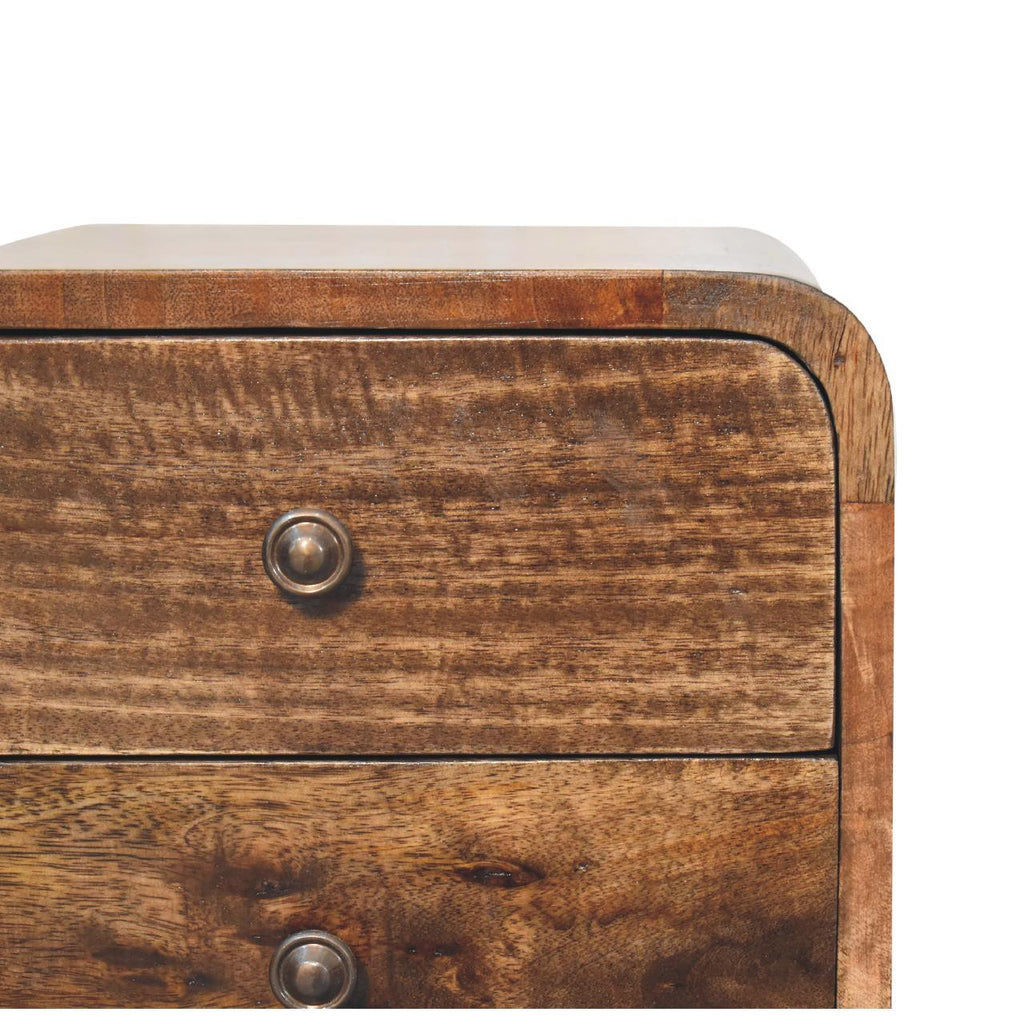 Solid Wood Mini Curved Grey Washed Nightstand, 2-Drawers, Nordic Legs, Brown