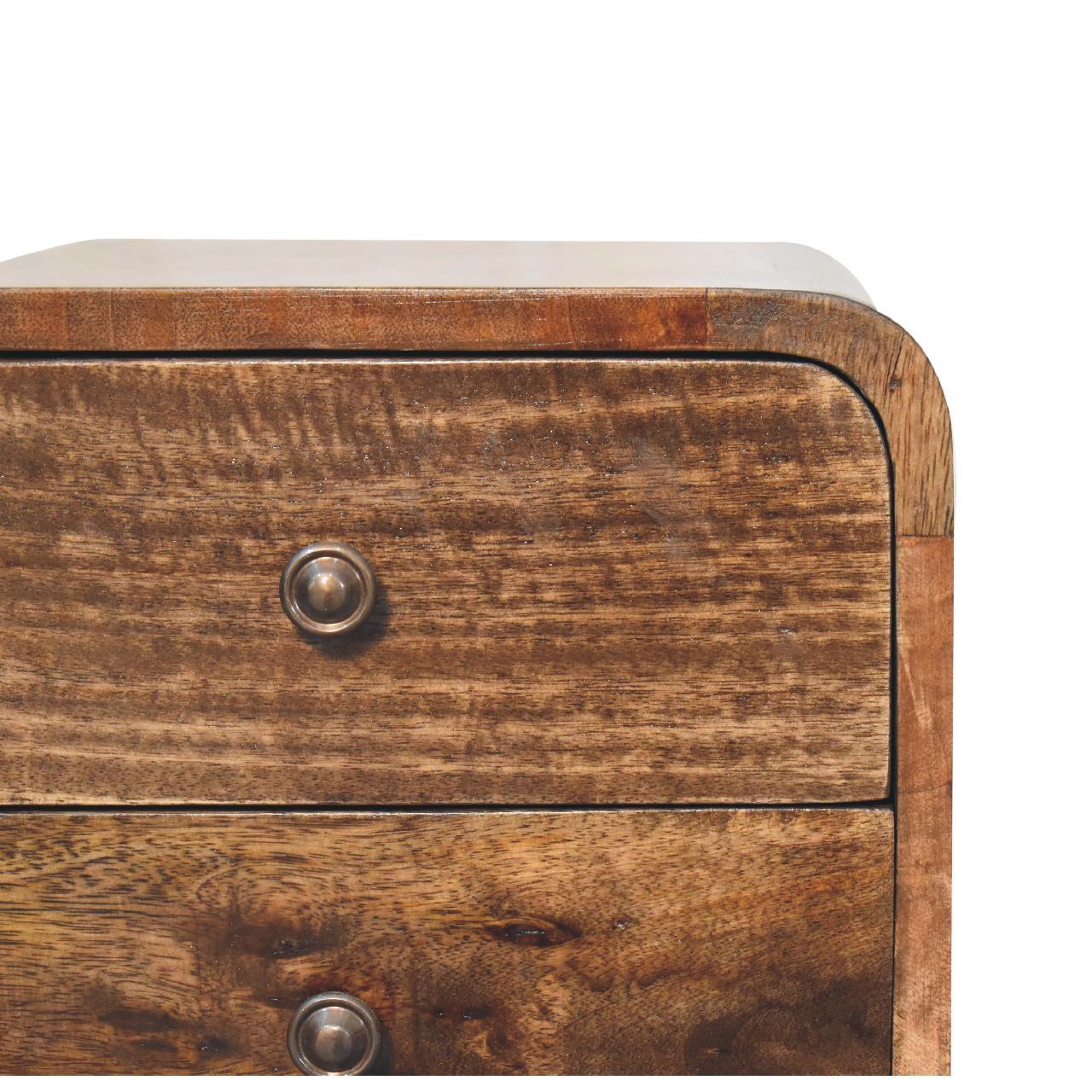 Solid Wood Mini Curved Grey Washed Nightstand, 2-Drawers, Nordic Legs, Brown