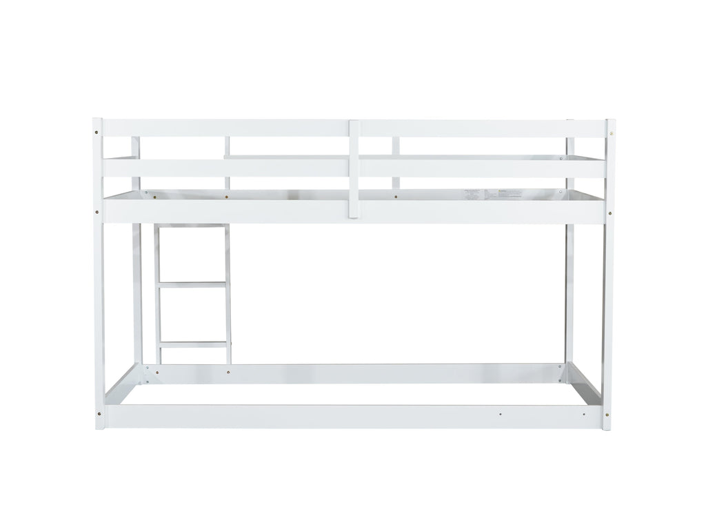 Solid Wooden, Solid Rubber Wooden Twin over Twin Floor Bunk Bed with Ladder, with Bed Platform of Strengthened Slats,White