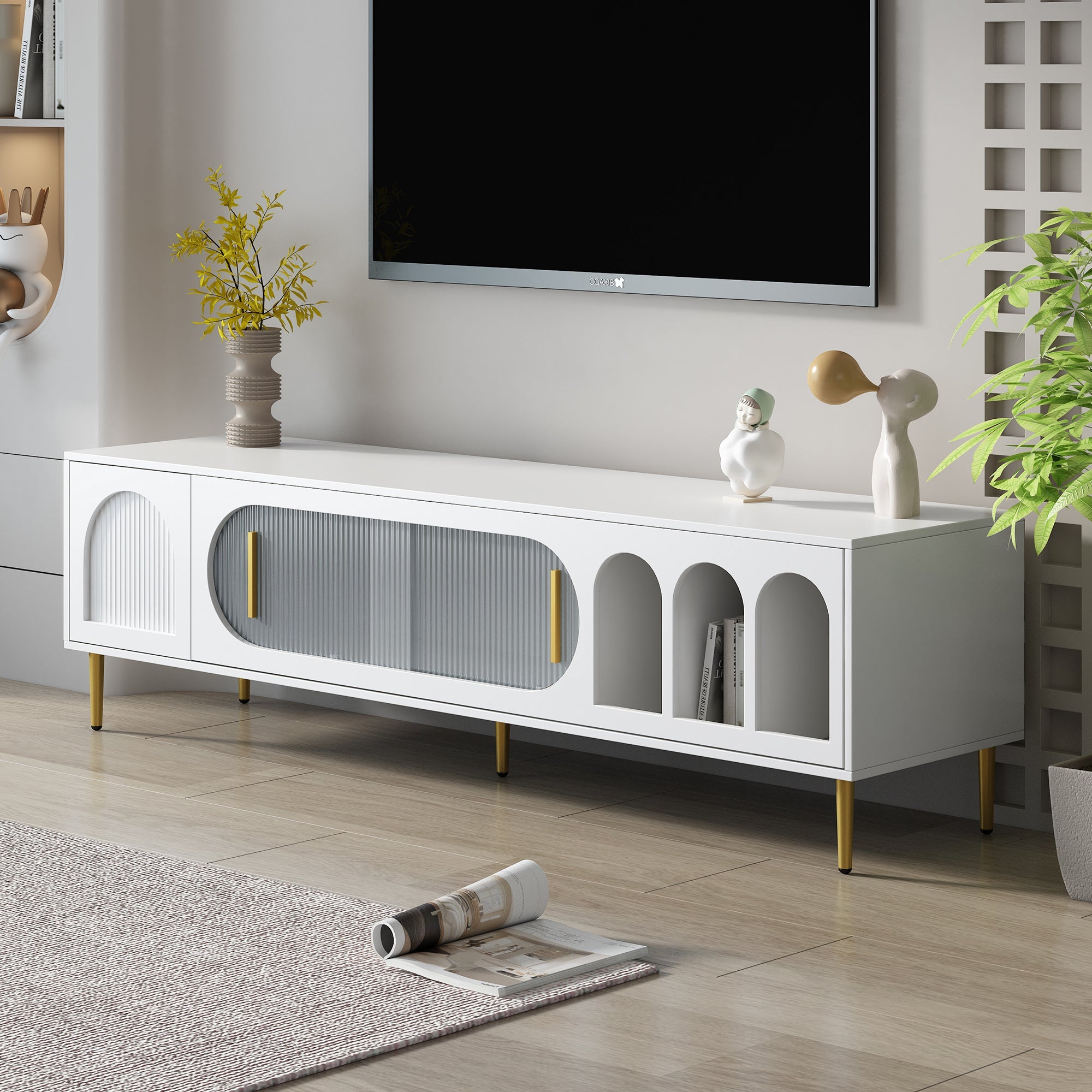 U-Can Modern TV Stand for up to 70 Inch TV, Entertainment Center TV Media Console Table, with 3 Shelves and 2 Cabinets, TV Console Cabinet Furniture for Living Room (Old SKU: WF314645AAK)