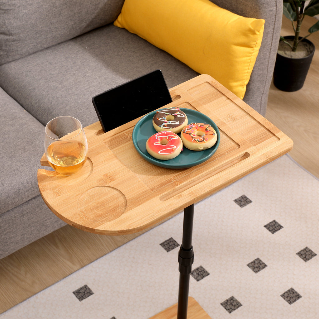 Couch Tray Table Bamboo Height Adjustable Side Table for Sofa C-shaped Oval End Tables with Slots for Bed & Chairs in Living Room & Bedroom (Oval + Rectangle)