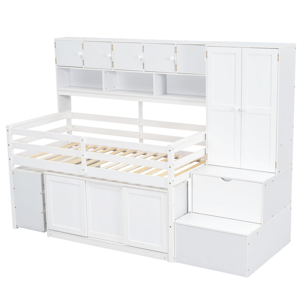 Twin Size Wooden Loft Bed Big Storage with Under-bed Desk, with Drawers, with Shelves, White