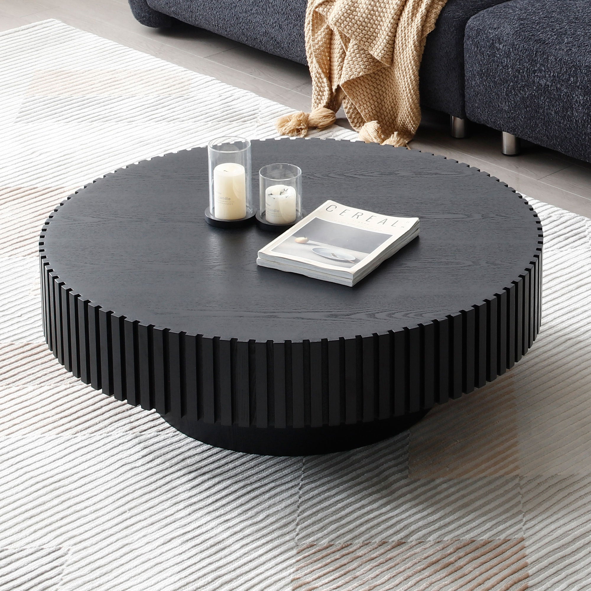 BLACK MDF coffee table 39.37inch Modern Handcraft Drum Coffee Table Round Wood Coffee Table for Living Room, Apartment