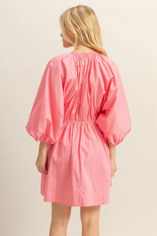 HYFVE Plunge Balloon Sleeve Poplin Mini Dress with Pockets