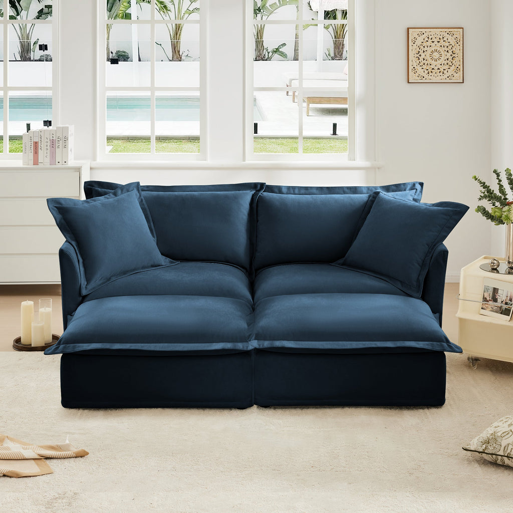 Slipcovered Sofa 2 Seater Sofa    With 2 Ottomans, 2 Seater Sleeper Sofa Bed Home Theater Oversized Sofa For Living Room, Chenille, Blue