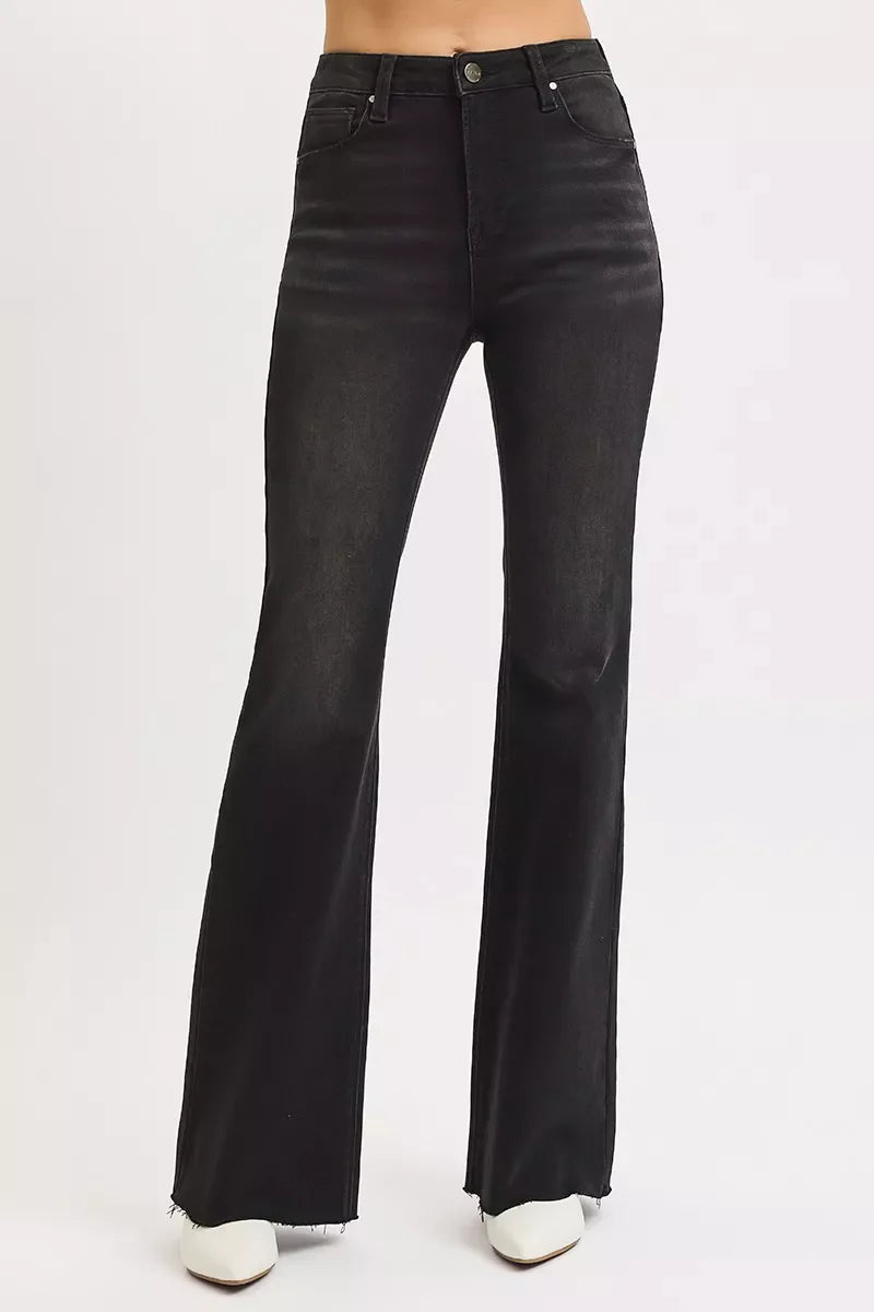 RISEN Full Size High Rise Flare Raw Cut Hem Jeans Plus Size
