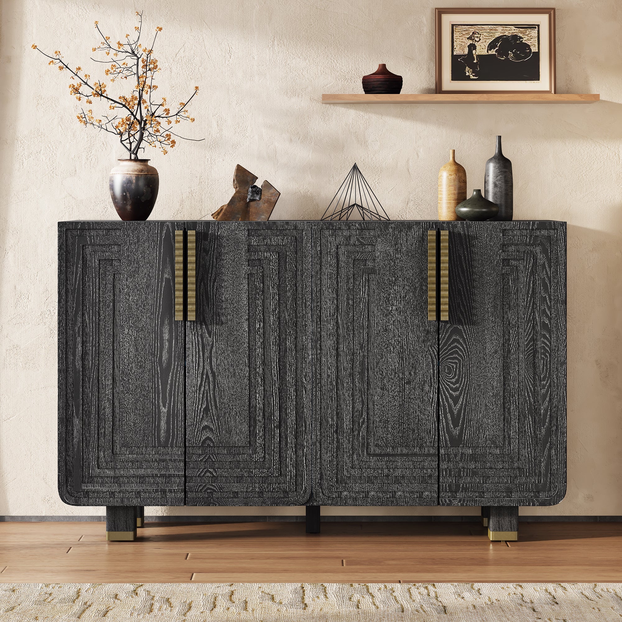 TREXM 54' Retro Buffet Cabinet with Storage, 4-Door Vintage Fluted Sideboard Cabinet with Adjustable Shelves for Dining Room, Kitchen, and Living Room (Black)