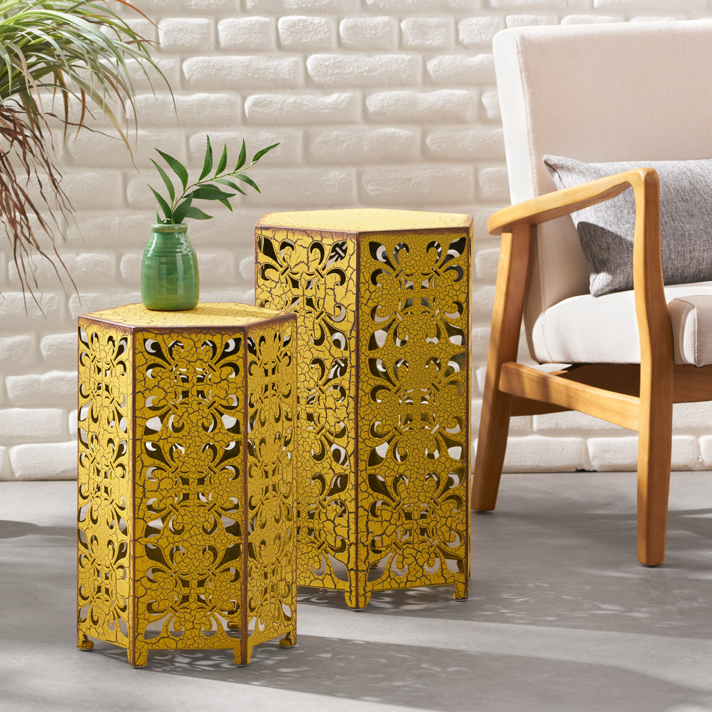 Outdoor Hexagonal Accent Table Set with Charming Fleur-de-lis Panel Sides, Antique Yellow