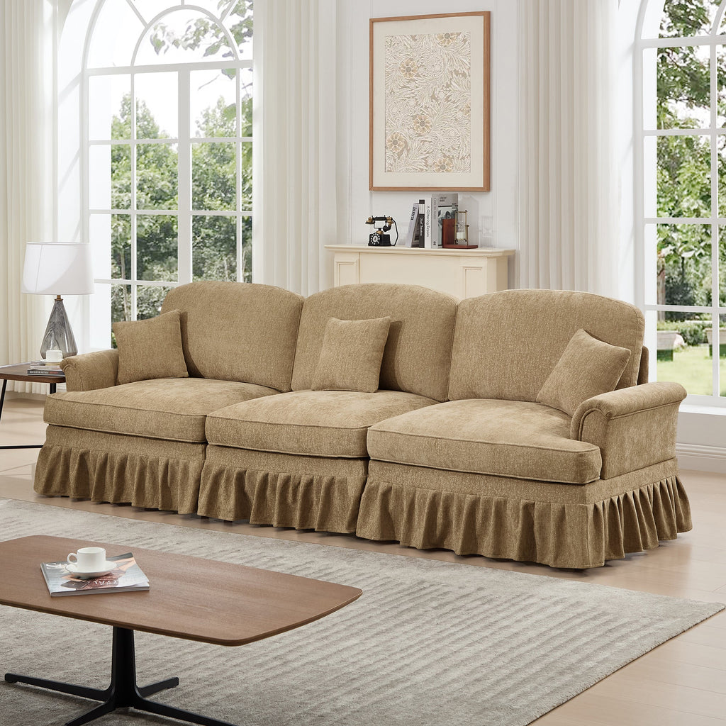 Elegant Mid Century Large 3 Seater Sofa Couch with Flared Arms and Removable Ruffles Pleats Skirts and Spindle Legs, Comfy Chenille Three-Seat Sofa for Living Room, Light Coffee