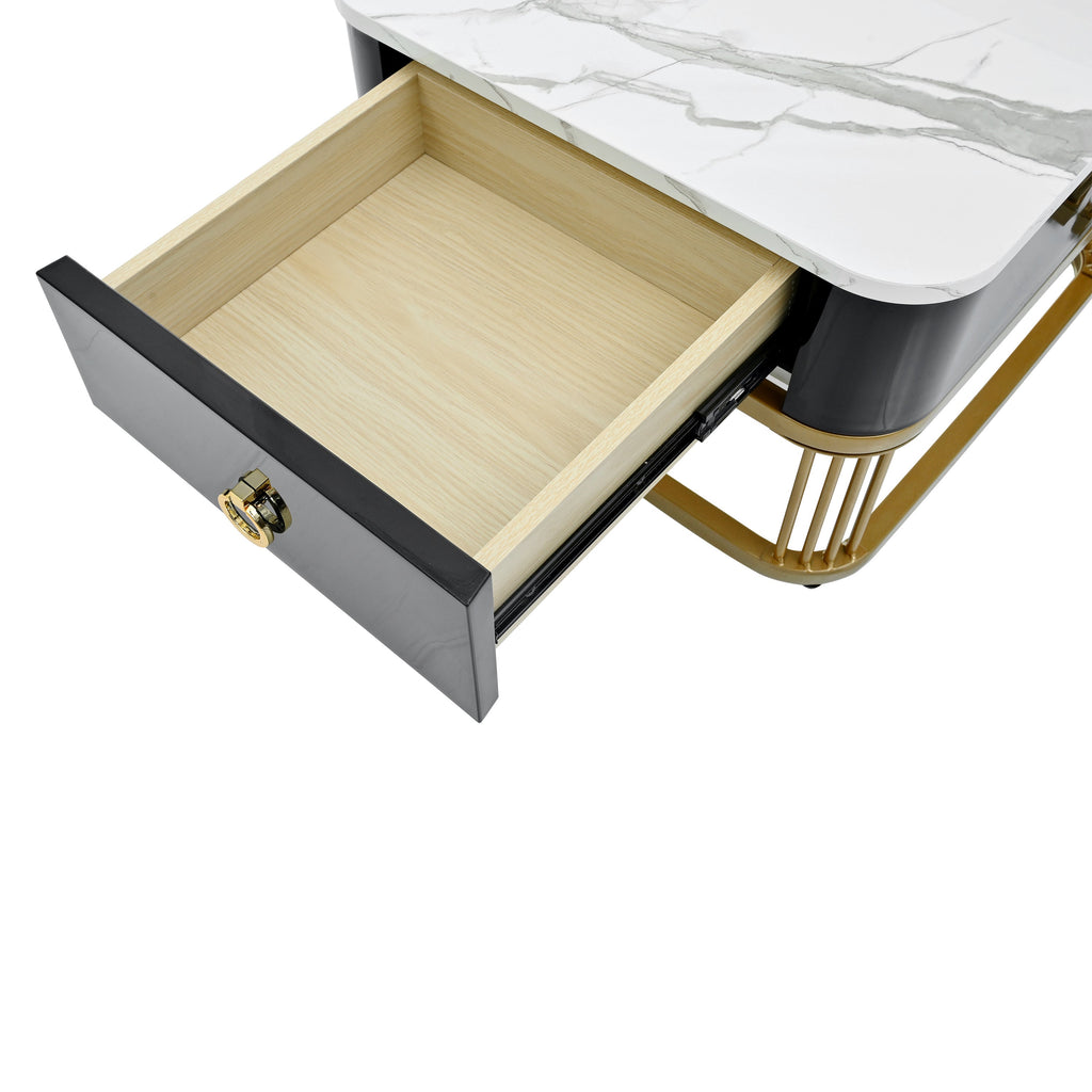 ON-TREND Nesting Coffee Table with Drawer, Set of 2, Exquisite Square Stacking Coffee Tables with Brown Tempered Glass, Side Table with High Gloss Marble Grain Tabletop for Living Room, Black