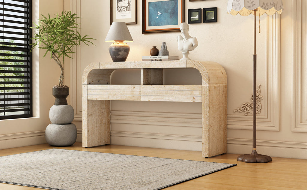 TREXM Console Table Entryway Table, Retro Curved Sofa Table with 2 Large Drawers, Narrow Console Table for Living Room Hallway Entrance, 52''×14''×31.5'', Natural Wood Wash