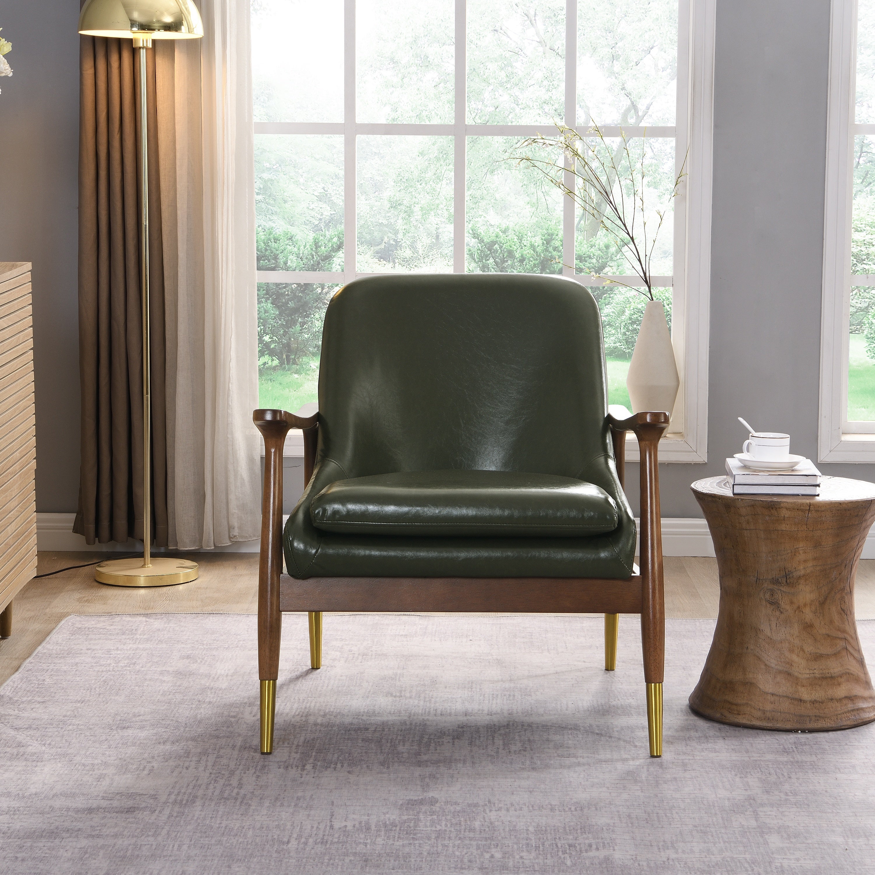 Mid-Century Faux Leather Accent Chair with Cushioned Seat, Solid Wood Frame, Brass-Tipped Legs, Cognac-Brown