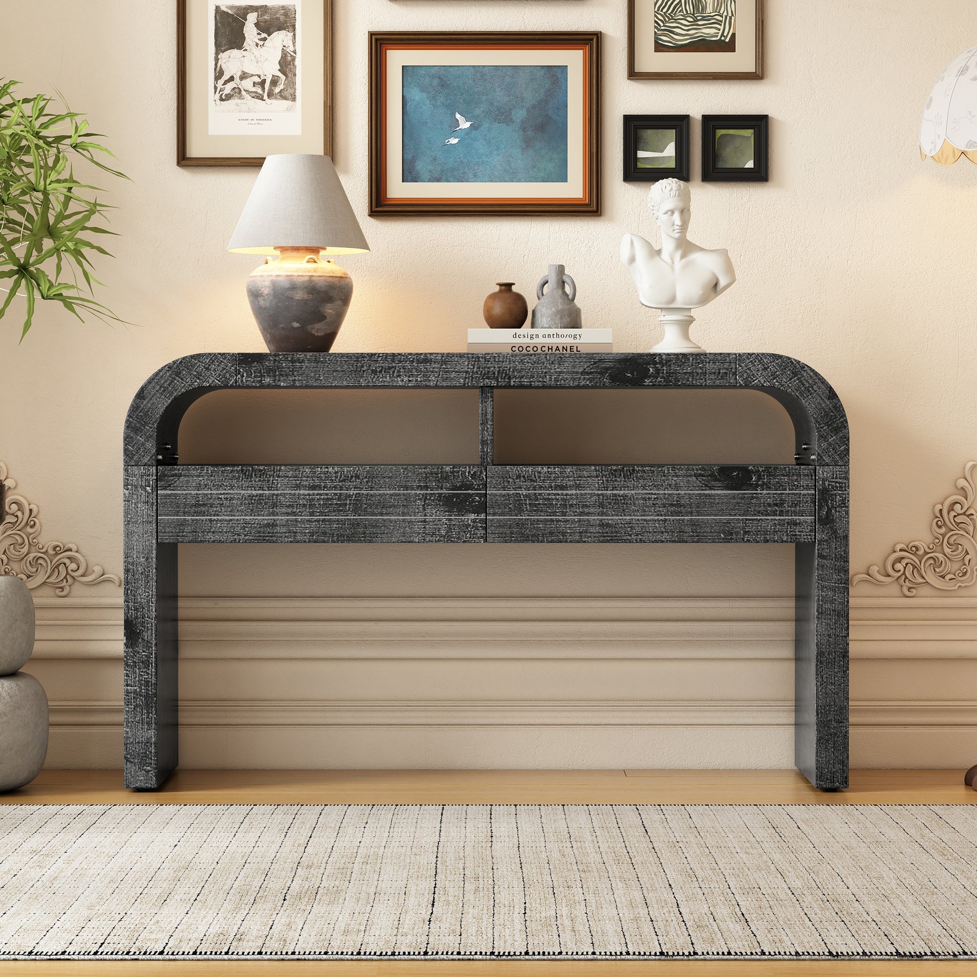 TREXM Console Table Entryway Table, Retro Curved Sofa Table with 2 Large Drawers, Narrow Console Table for Living Room Hallway Entrance, 52''×14''×31.5'', Antique Black