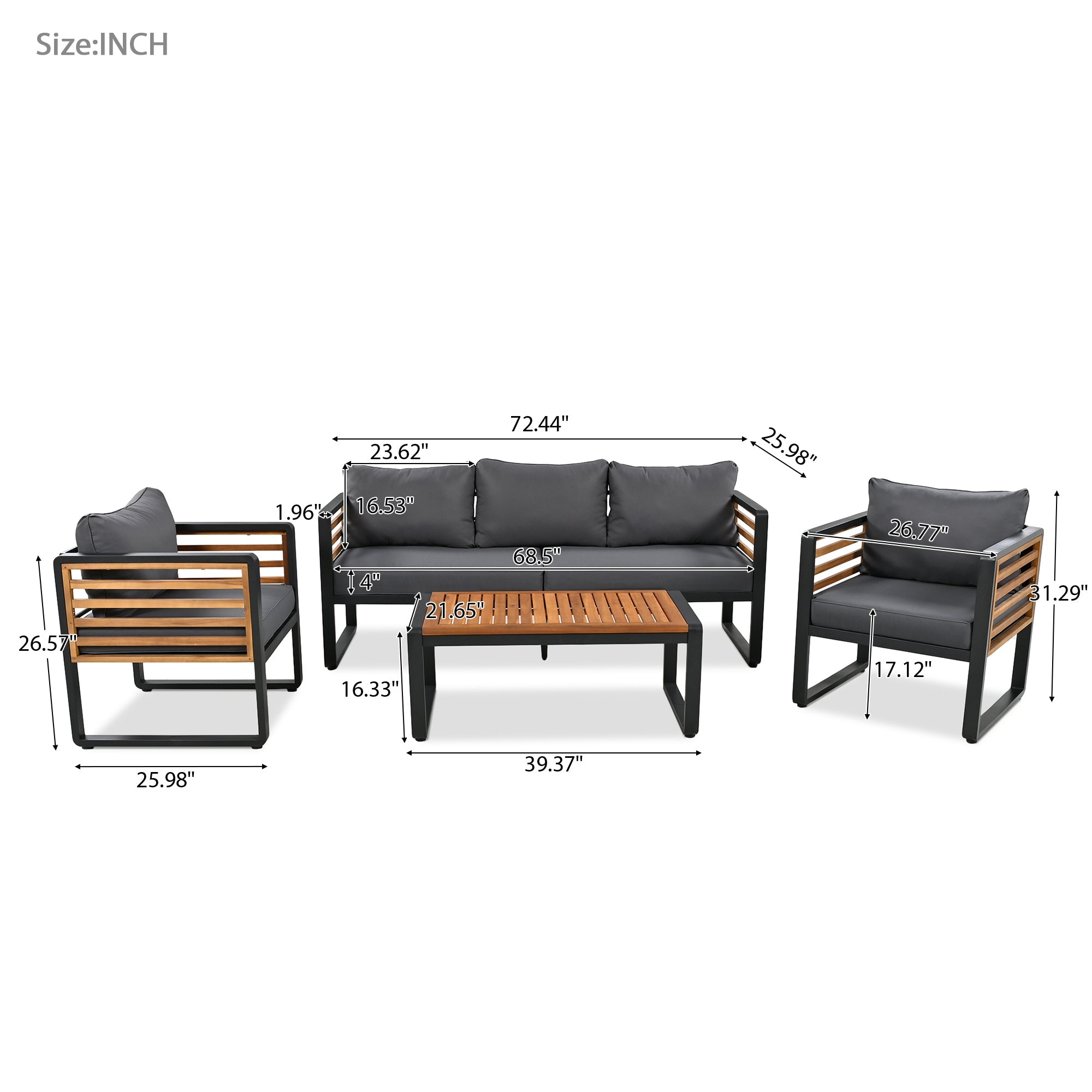 GO Large Size 4-pieces Outdoor Furniture sofa for 5 Person Conversation Set, Garden Sofa Set With Removable Cushion, Metal And Wood Frame Sofa set, Thick Cushions, Acacia Wood Tabletop, Gray