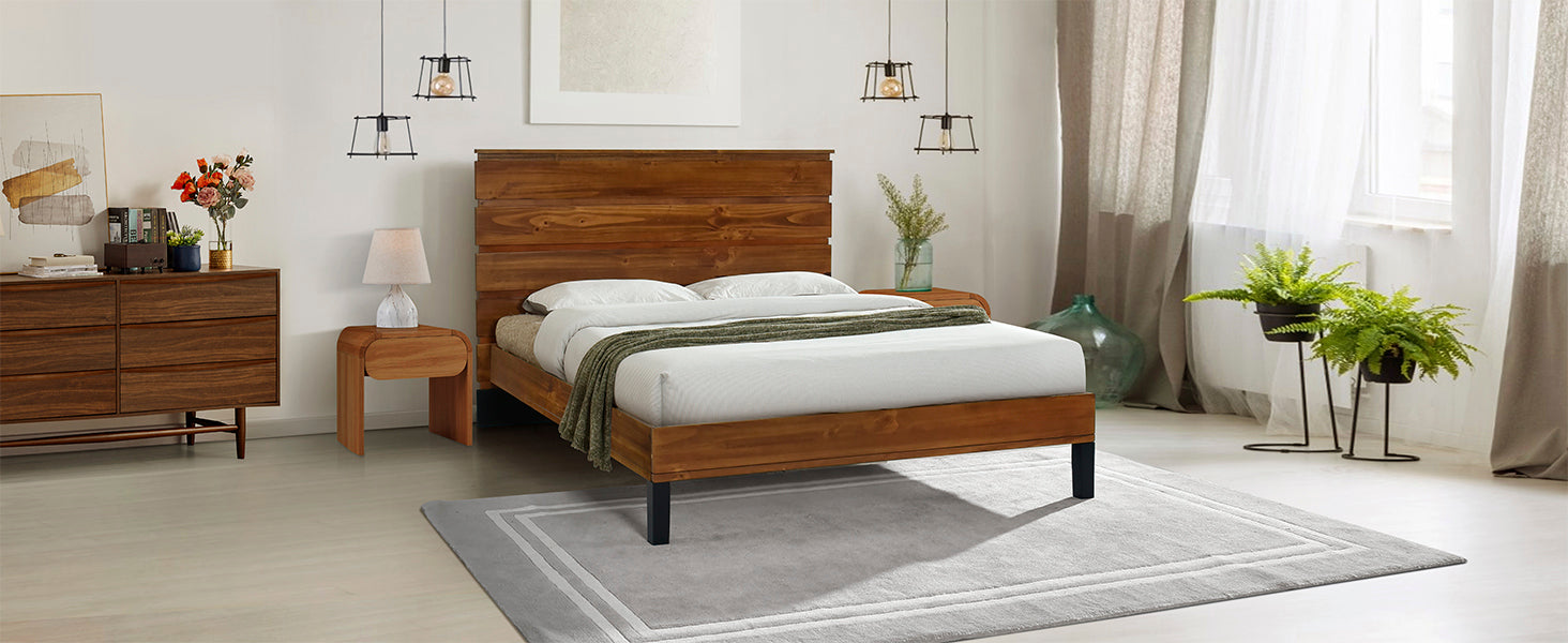 Mid-Century Modern Solid Wood Bed Frame Full Size Platform Bed with Six-Piece Headboard Design, No Box Spring Needed, Brown