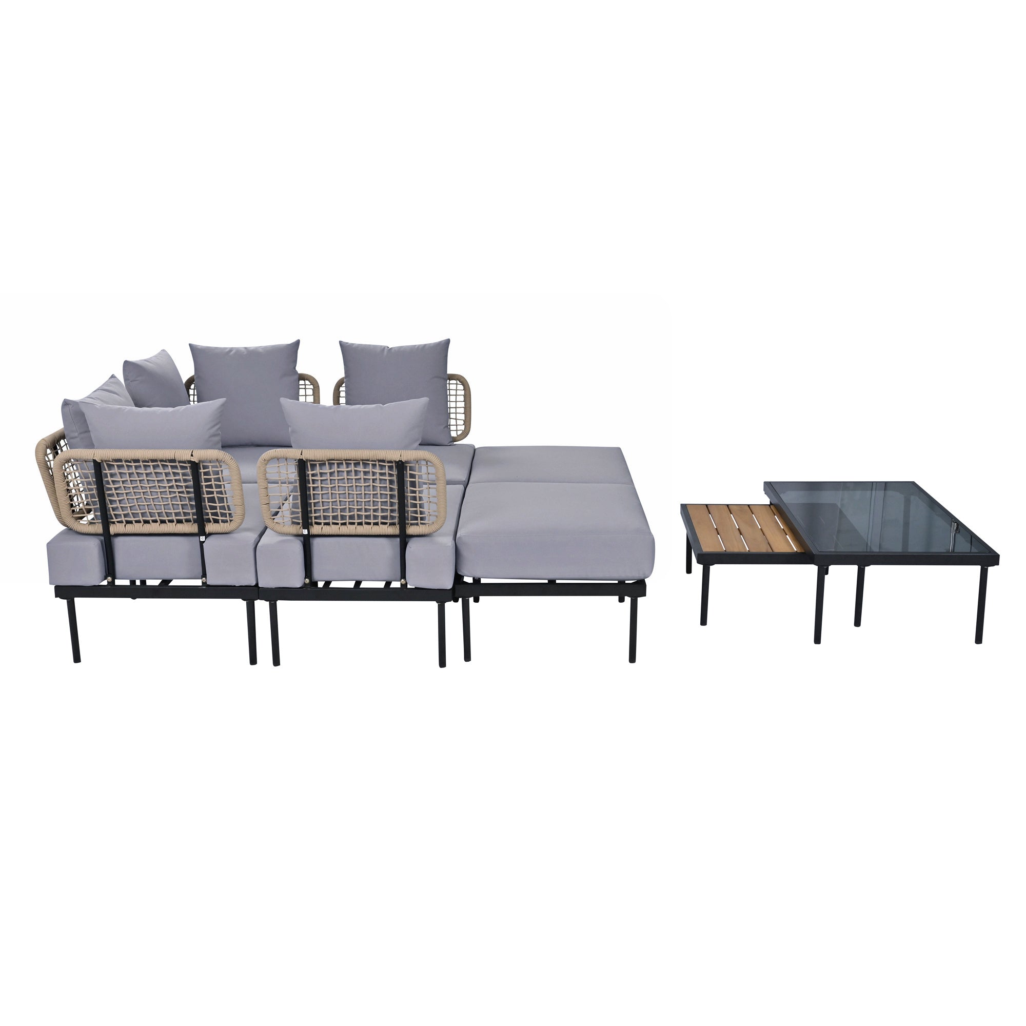 TREXM 8-Piece Patio Sectional Sofa Set with Tempered Glass Coffee Table and Wooden Coffee Table for Outdoor Oasis, Garden, Patio and Poolside (Light Grey Cushion + Black Steel)