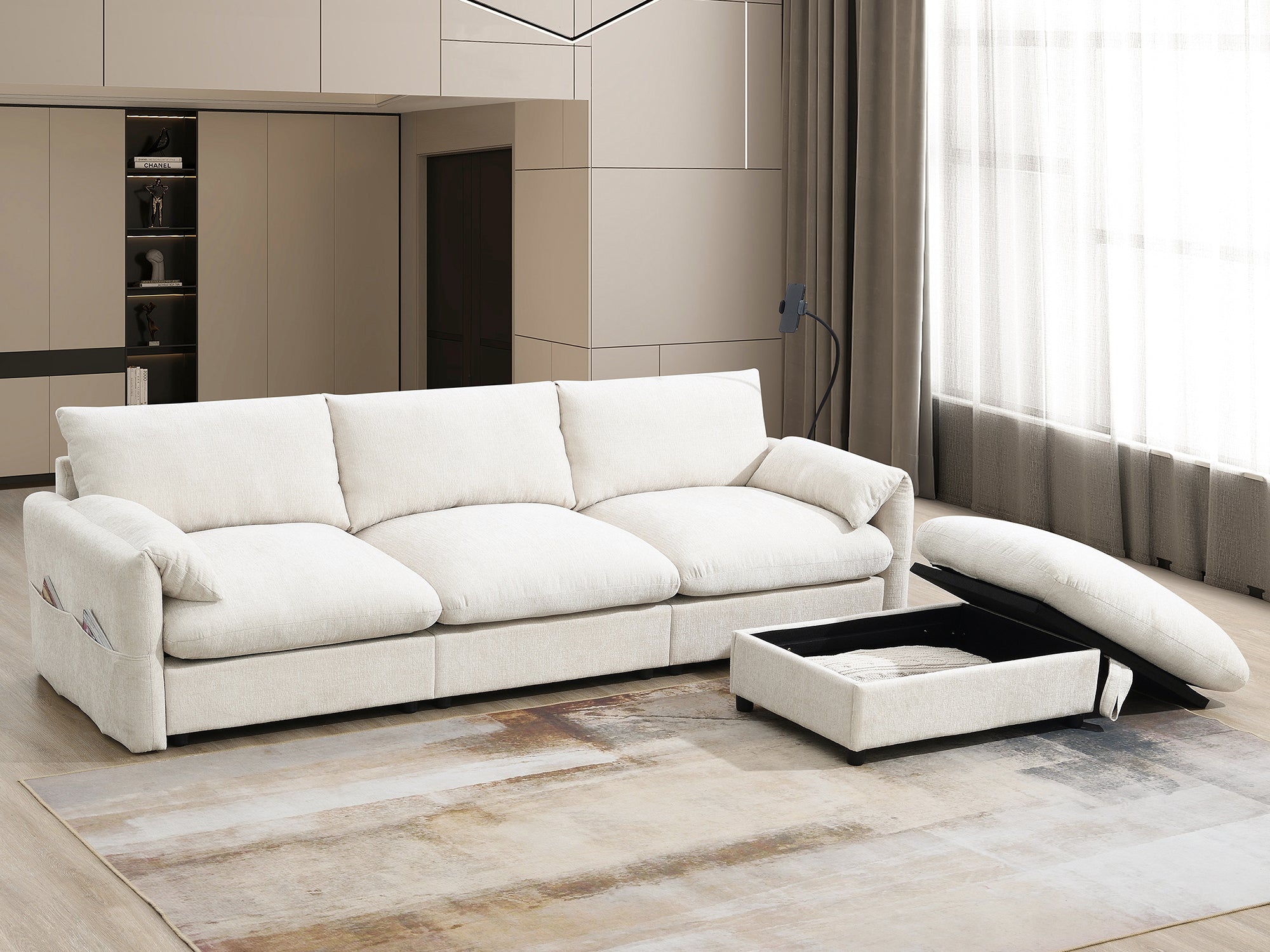 96.5'' Chenille Sectional Sofa with Storage Ottoman and Pockets,Adjustable Phone Holder,Wide Seat,4 Seat L Shaped Couch Set,Comfy Sofa with USB Charger for Living Room,Apartment,3 Colors