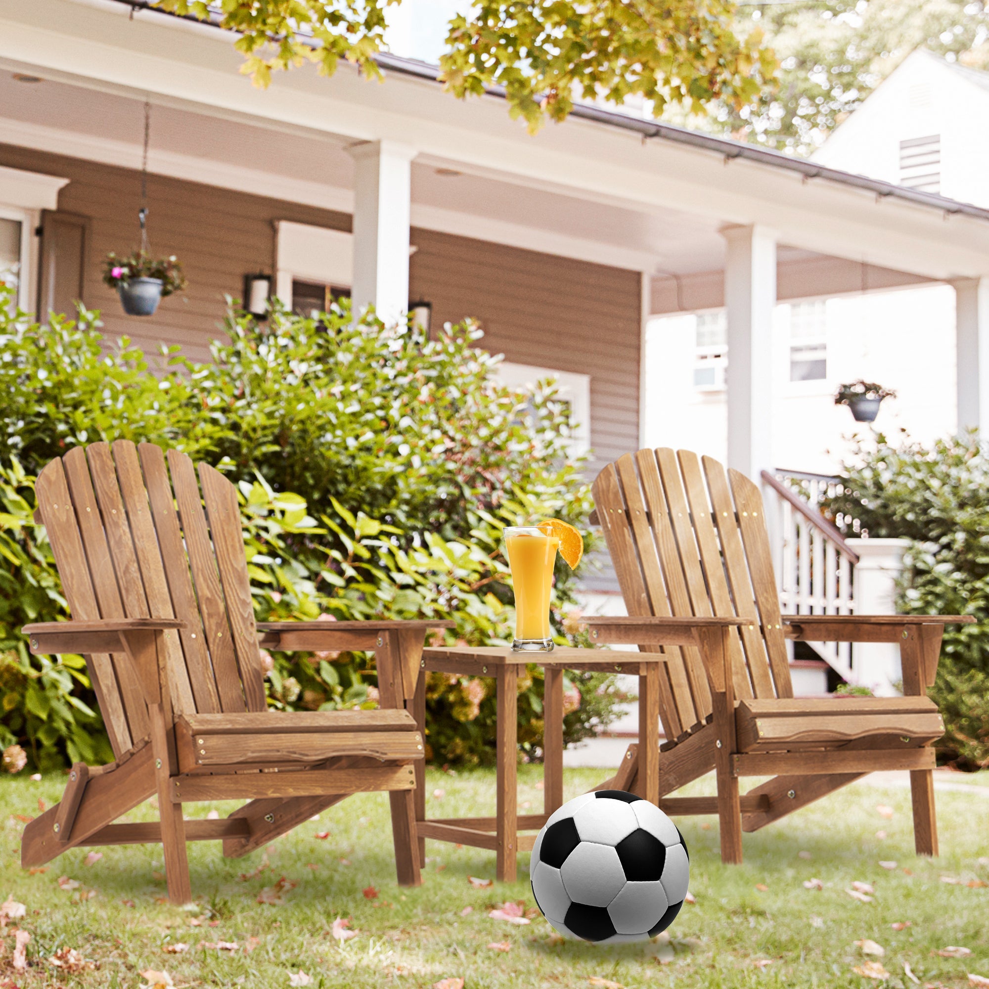 Wooden Outdoor Folding Adirondack Chair Set of 2, Cedar Material, Honey Brown, Space-Saving Design