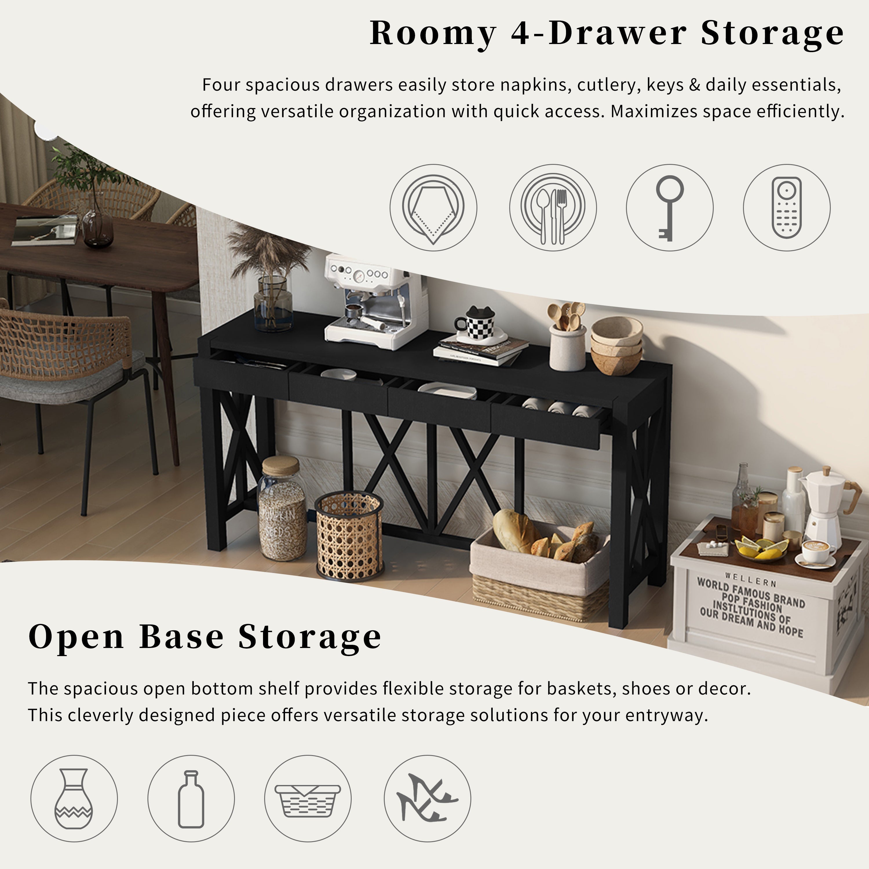 U_Style 60''Acacia Veneer Console Table with 4 Spacious Drawers, Modern Crisscross Design Entryway Table with Open Bottom Storage,Farmhouse Sofa Table for Living Room,Kitchen,Dining Room,Hallway